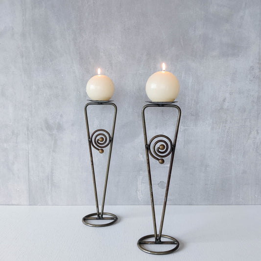 Pair of vintage 1990s pricket top spiral steel metalwork candle holders