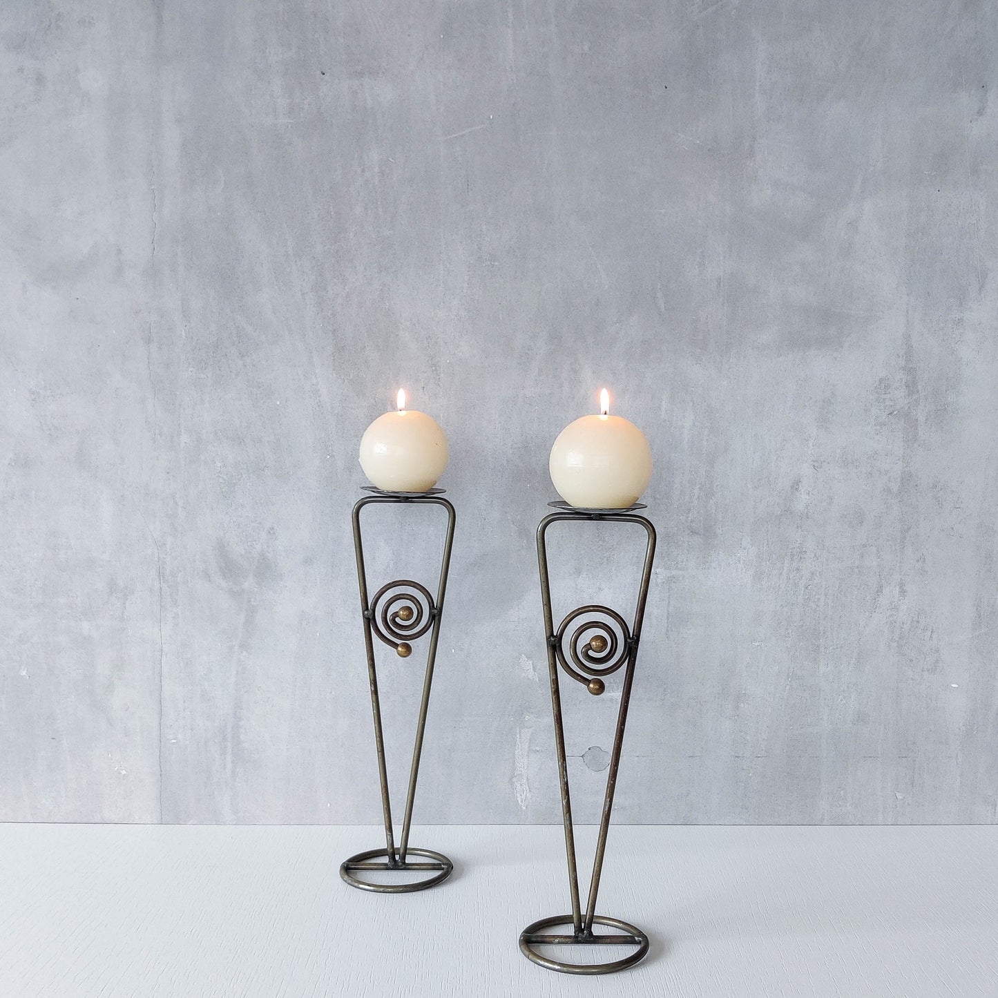 Pair of vintage 1990s pricket top spiral steel metalwork candle holders