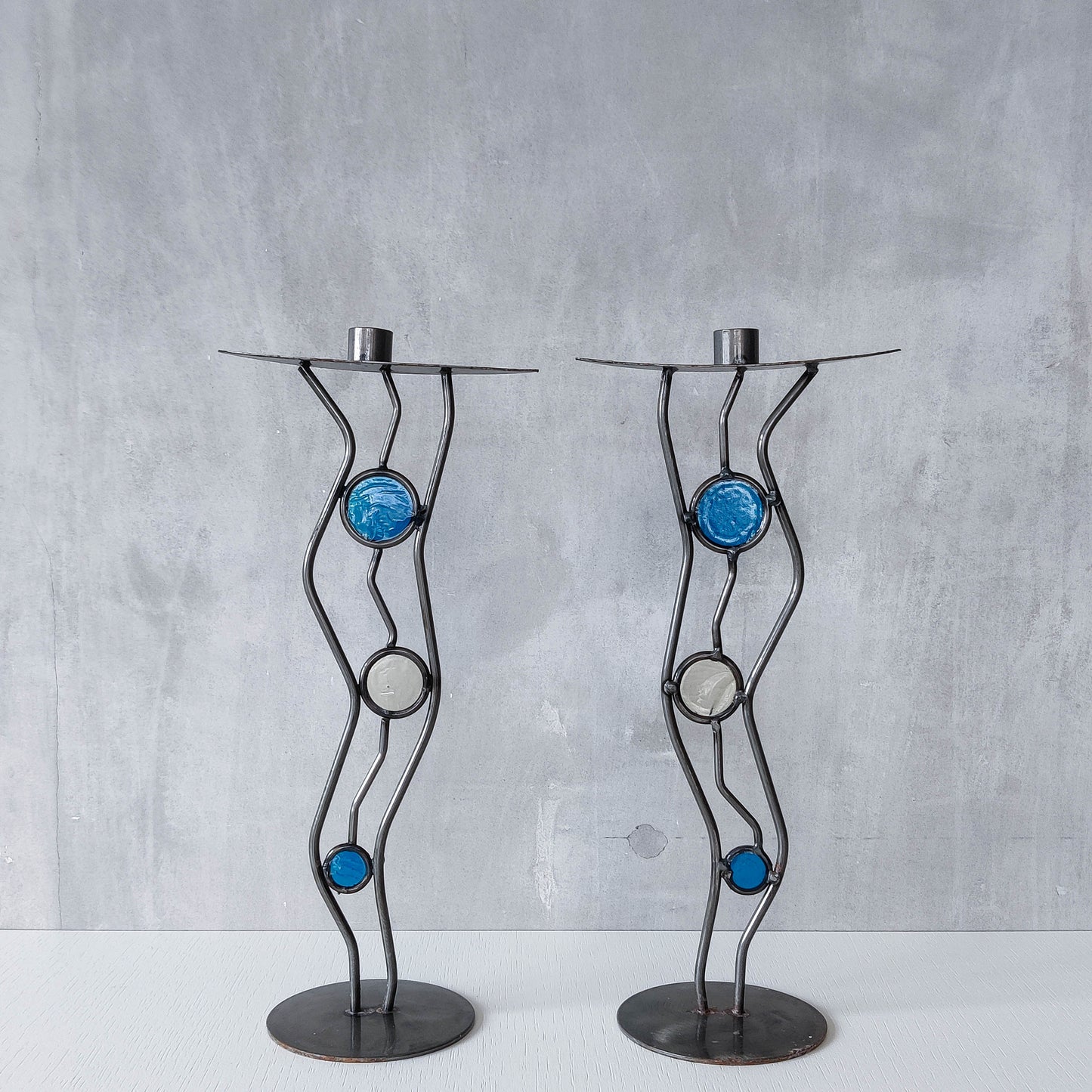 Pair of vintage hand forged steel cast glass postmodern style wavy candle holders