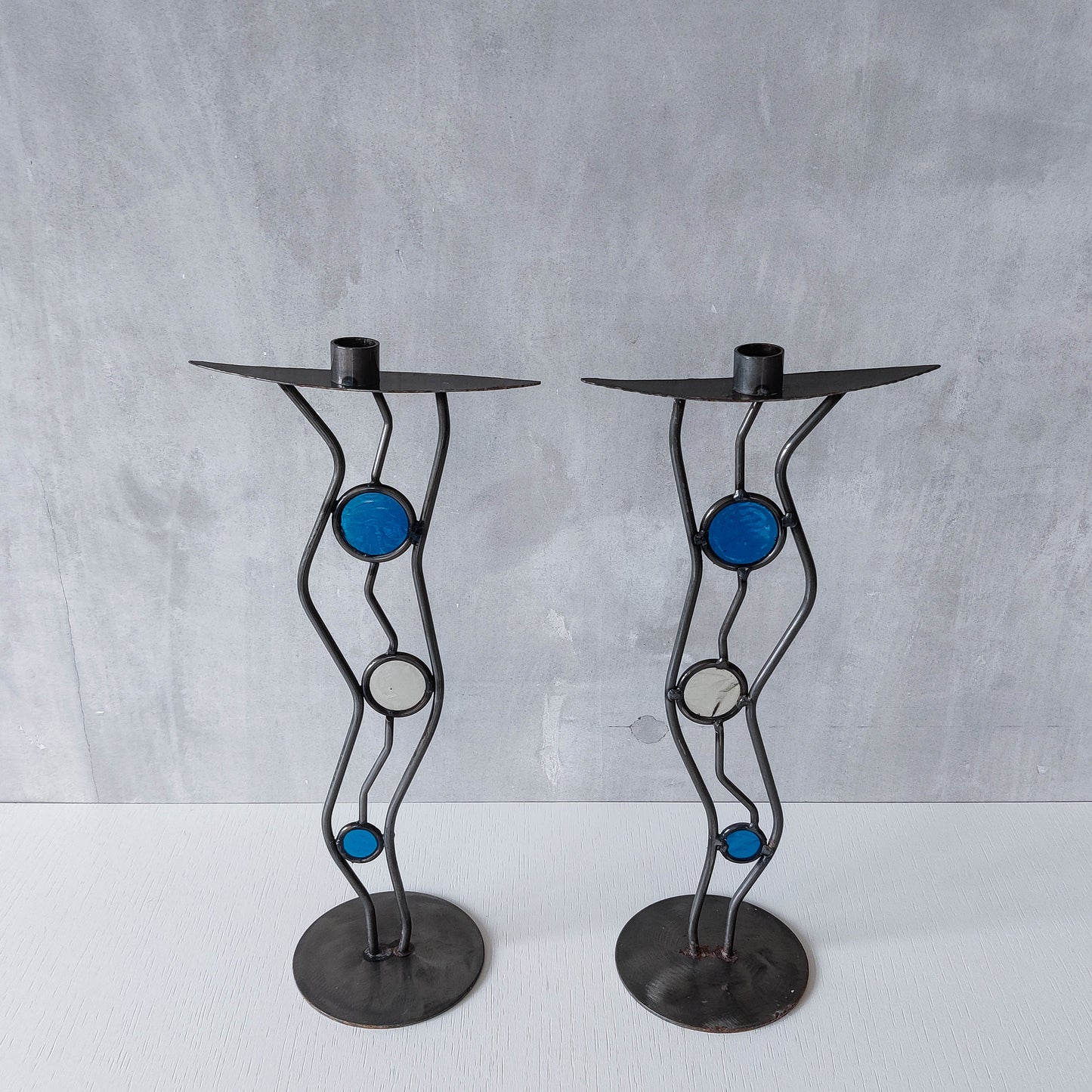 Pair of vintage hand forged steel cast glass postmodern style wavy candle holders
