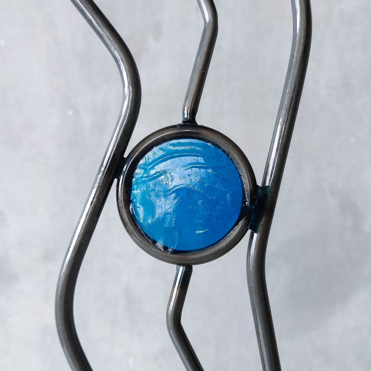 Pair of vintage hand forged steel cast glass postmodern style wavy candle holders