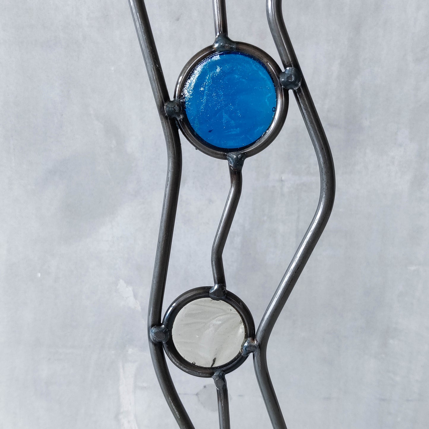 Pair of vintage hand forged steel cast glass postmodern style wavy candle holders