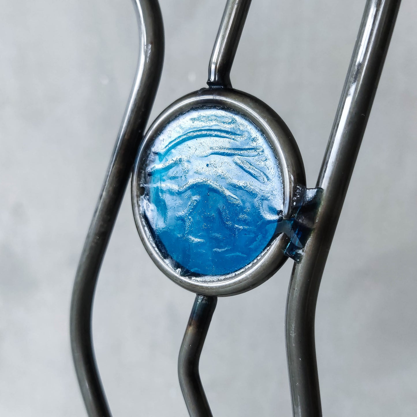 Pair of vintage hand forged steel cast glass postmodern style wavy candle holders