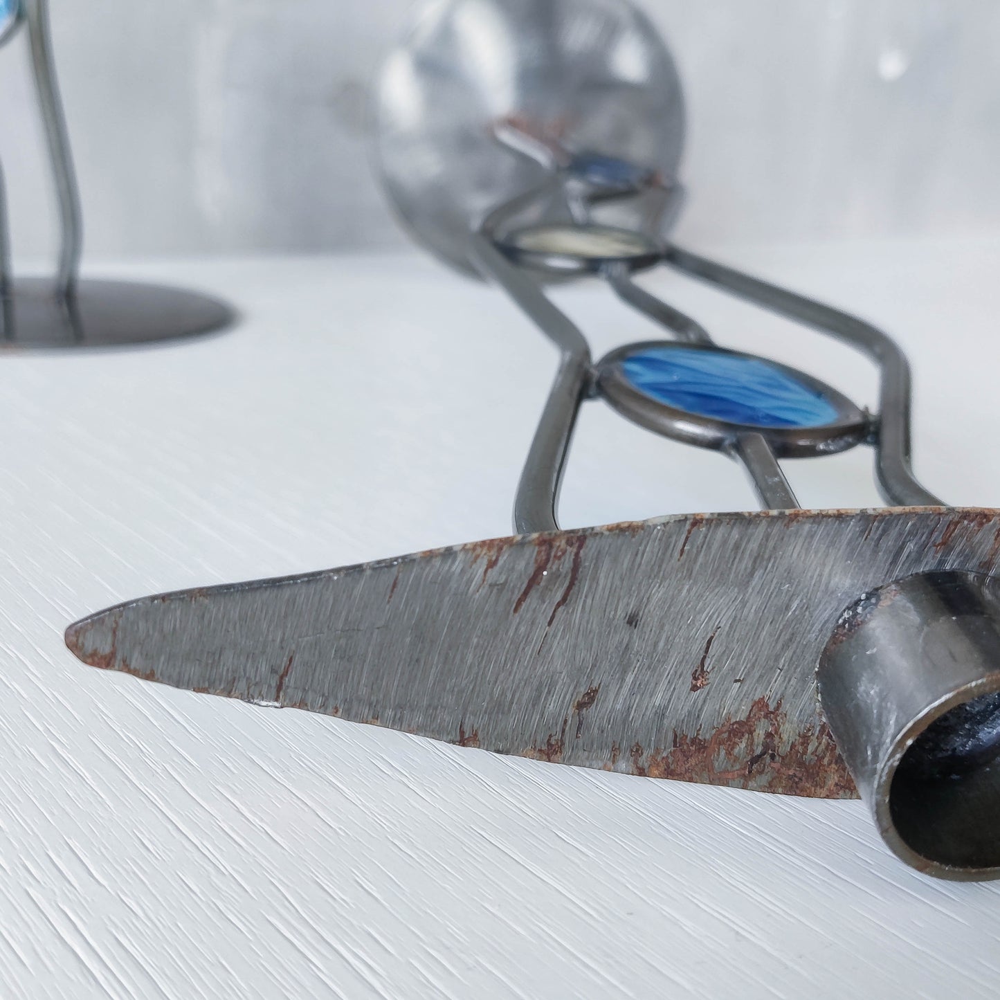 Pair of vintage hand forged steel cast glass postmodern style wavy candle holders