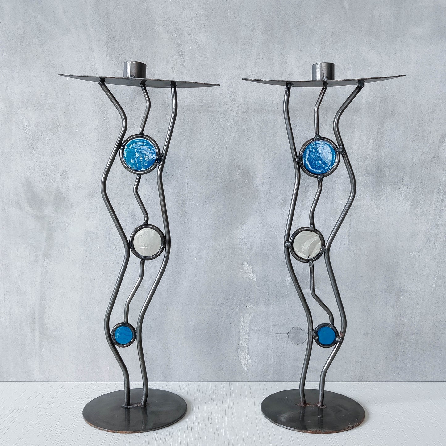 Pair of vintage hand forged steel cast glass postmodern style wavy candle holders