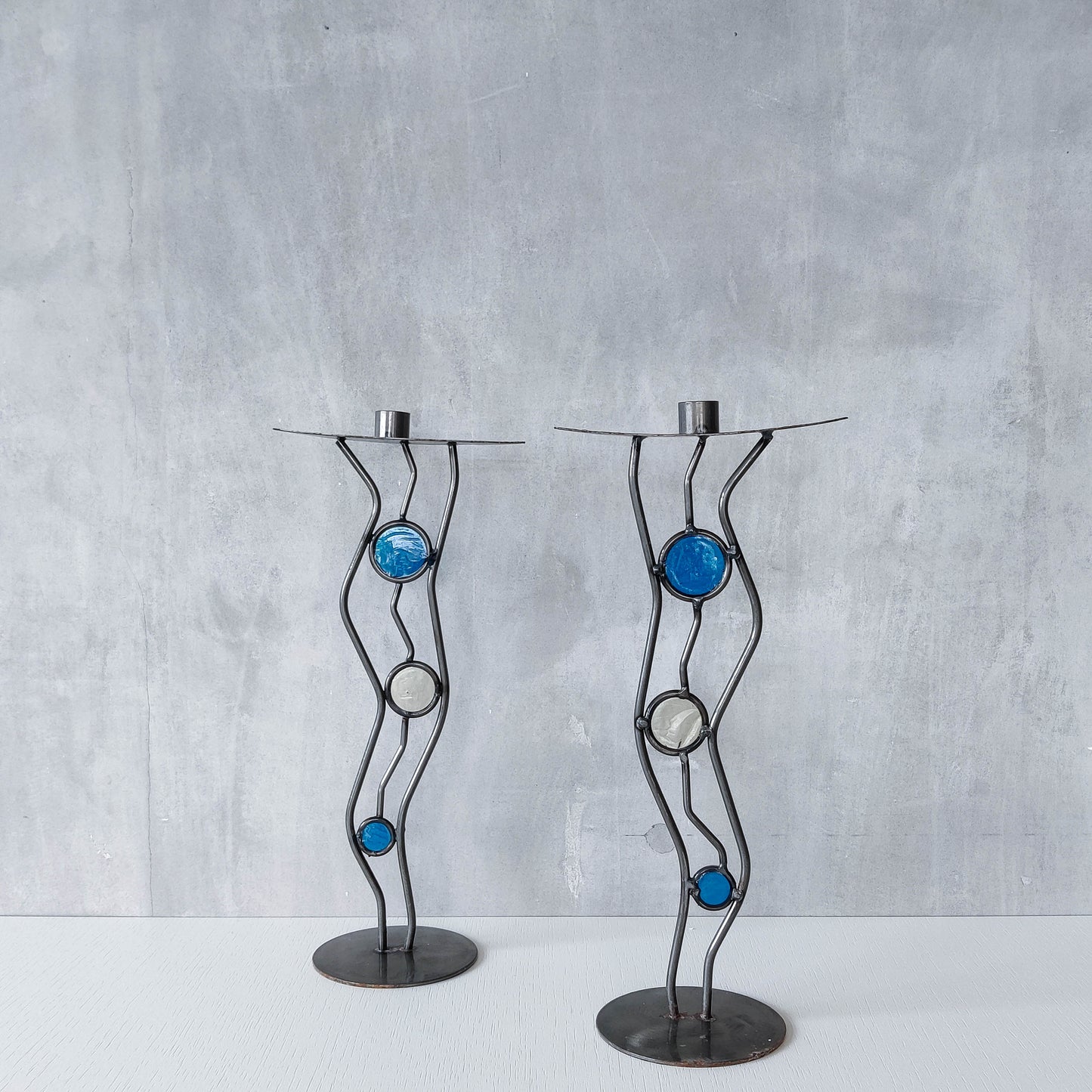 Pair of vintage hand forged steel cast glass postmodern style wavy candle holders