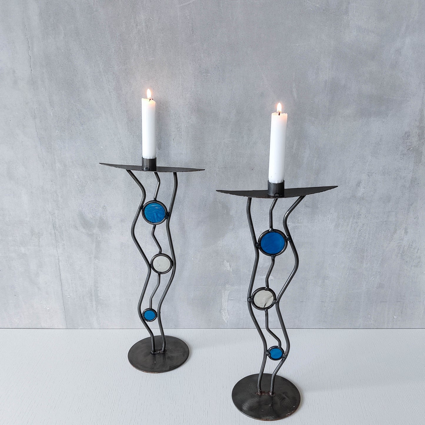 Pair of vintage hand forged steel cast glass postmodern style wavy candle holders
