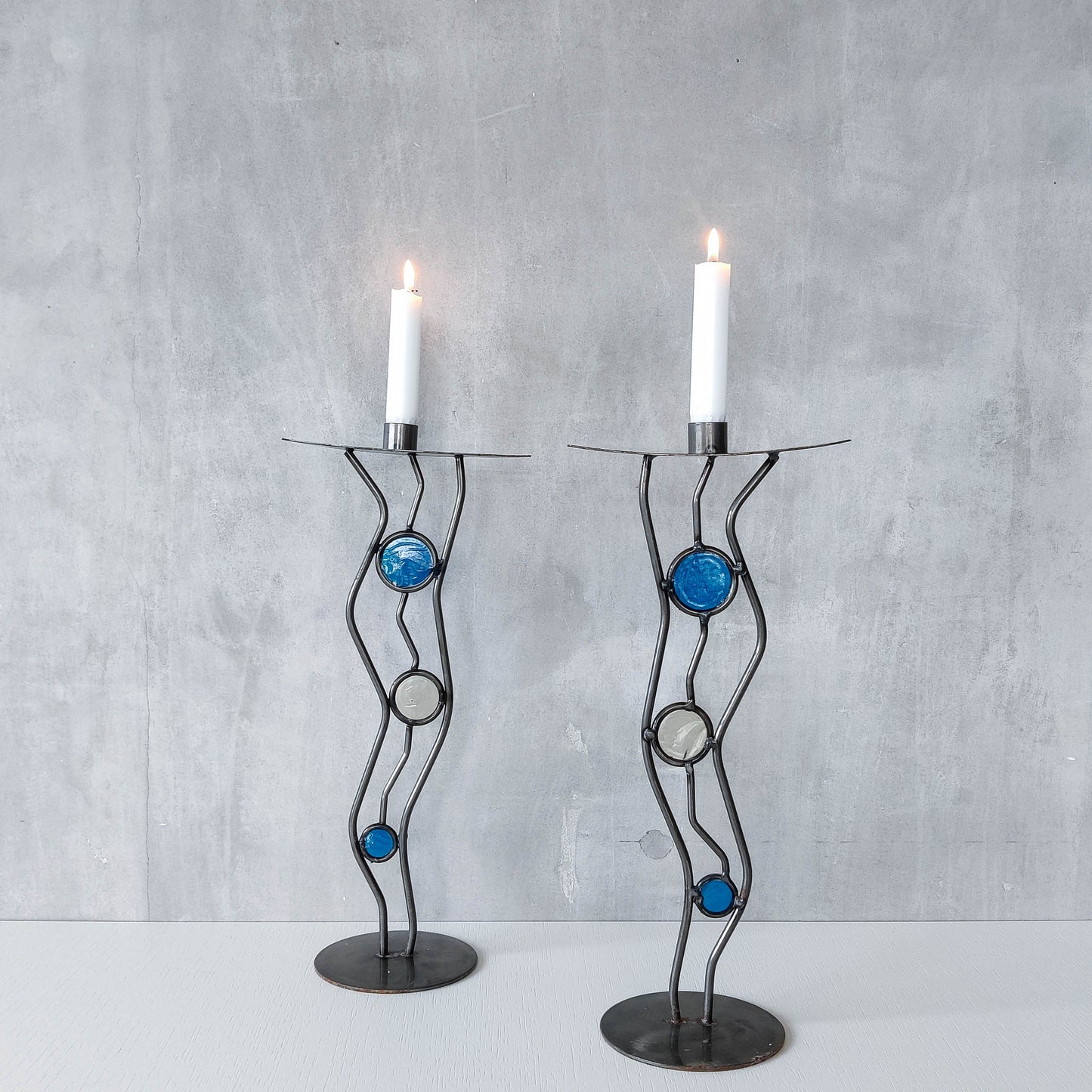 Pair of vintage hand forged steel cast glass postmodern style wavy candle holders