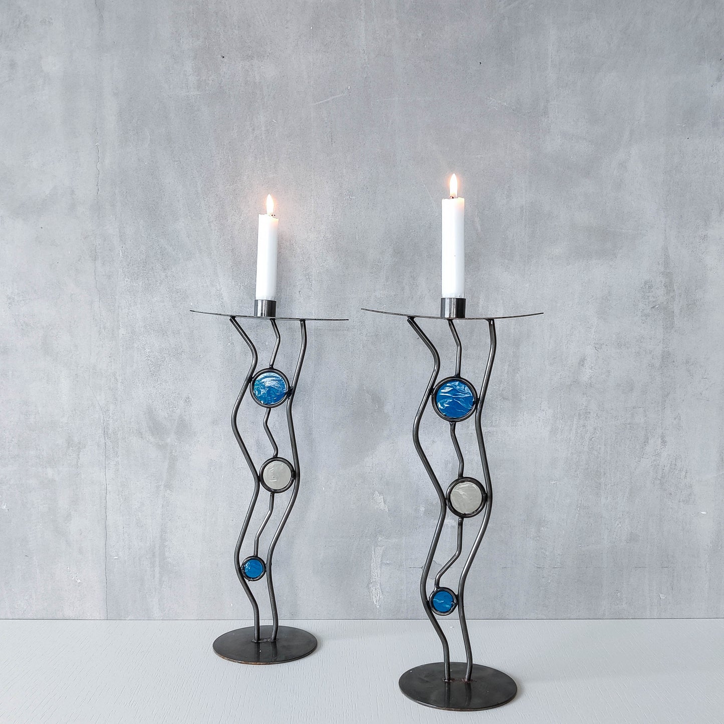 Pair of vintage hand forged steel cast glass postmodern style wavy candle holders