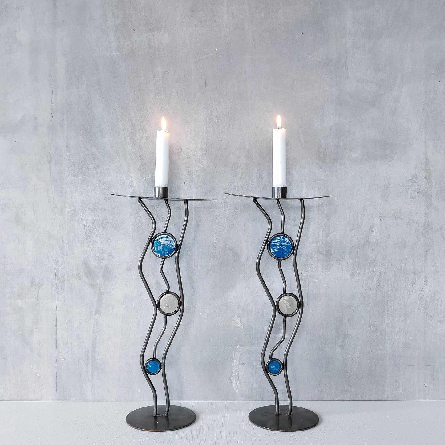 Pair of vintage hand forged steel cast glass postmodern style wavy candle holders