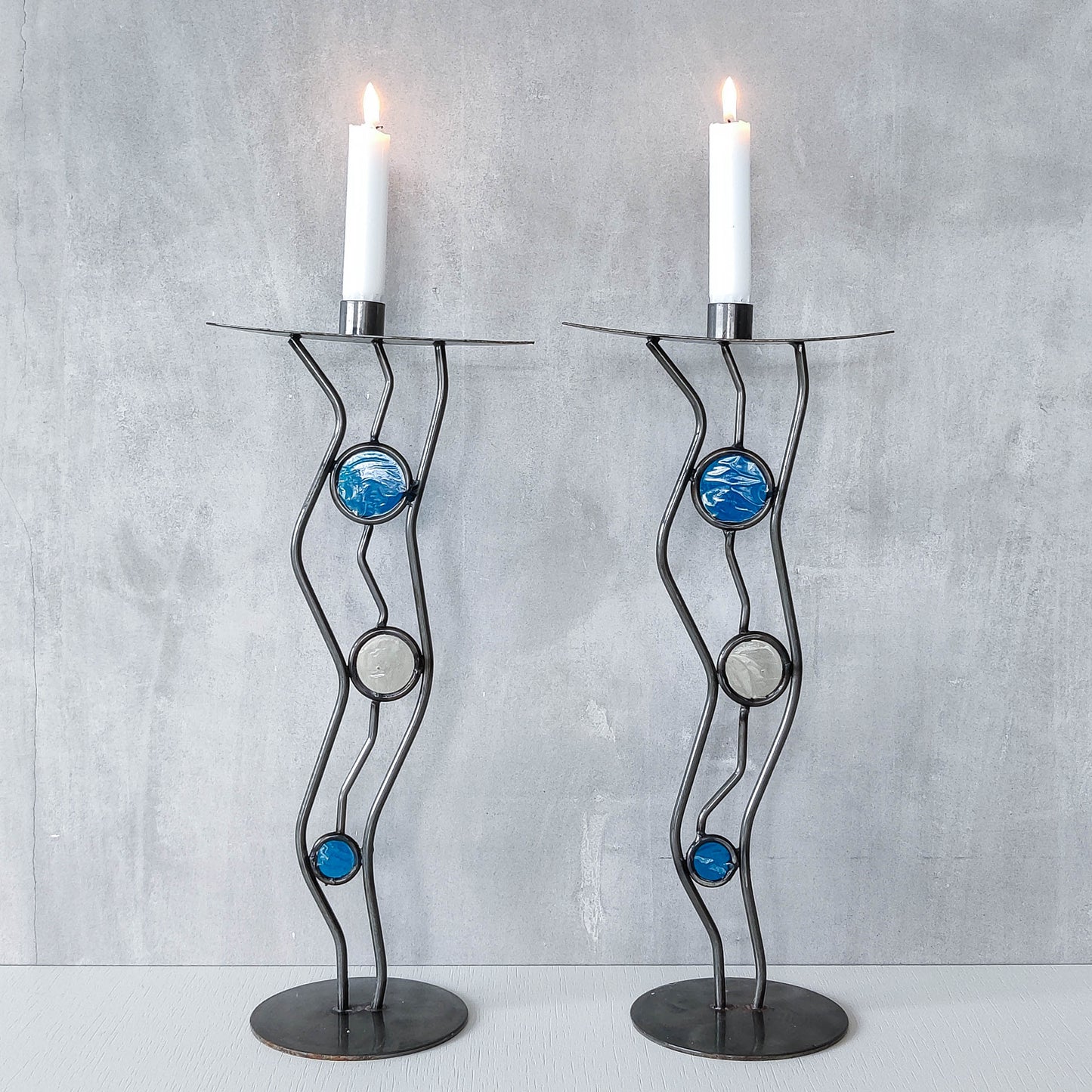 Pair of vintage hand forged steel cast glass postmodern style wavy candle holders