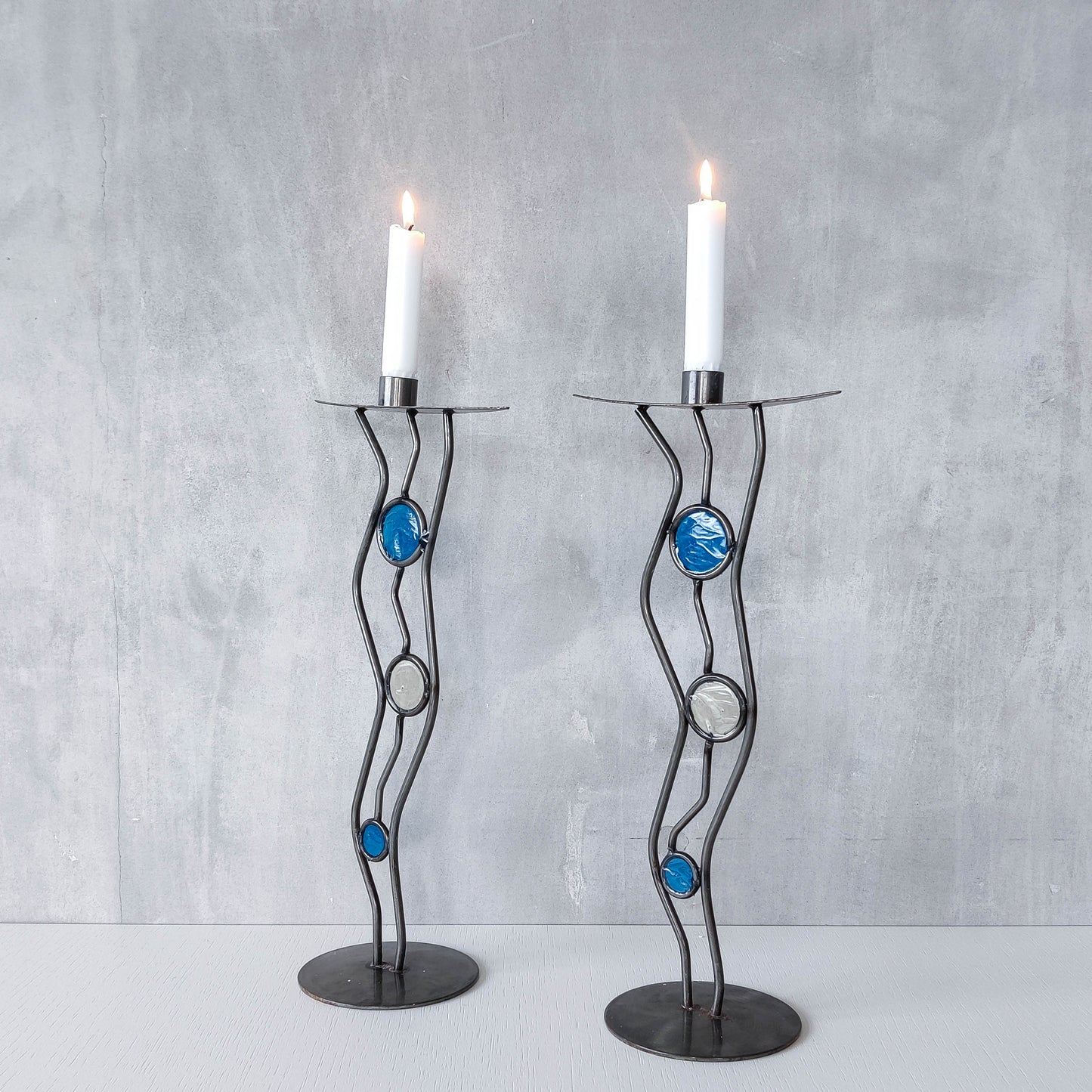 Pair of vintage hand forged steel cast glass postmodern style wavy candle holders