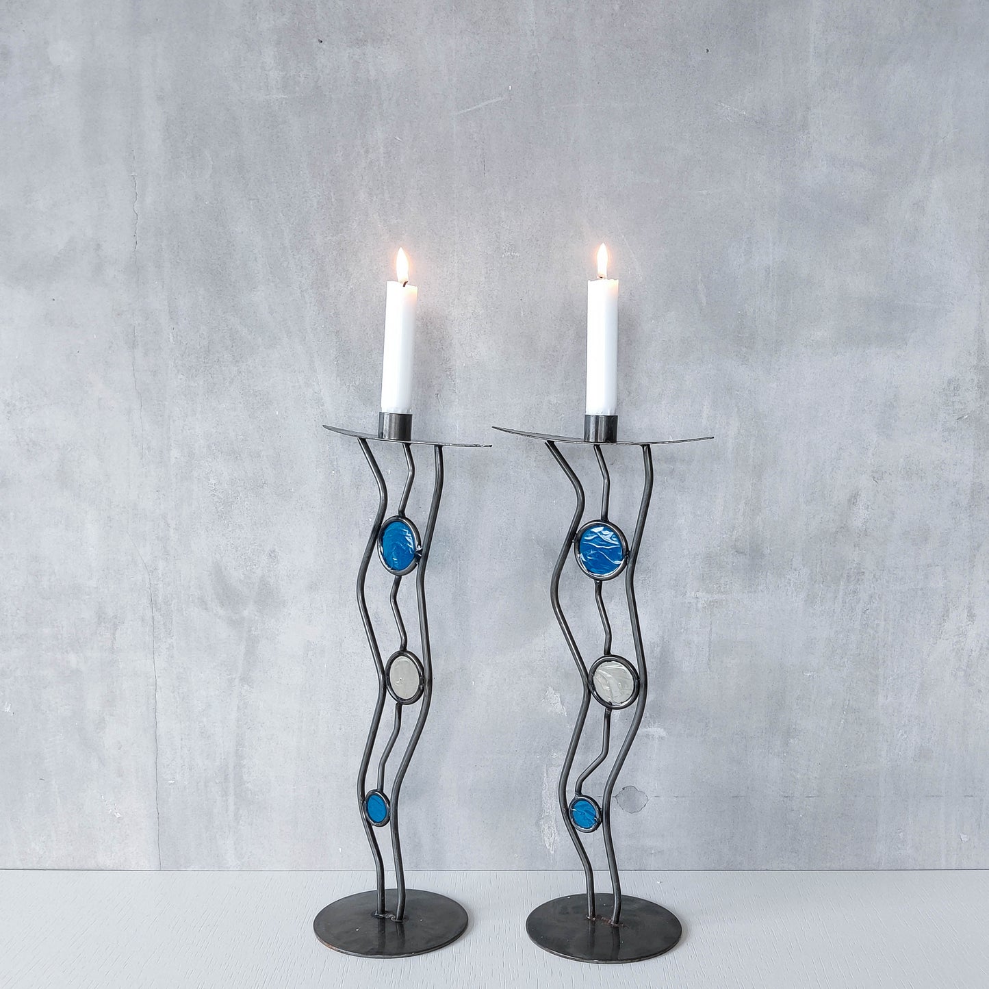 Pair of vintage hand forged steel cast glass postmodern style wavy candle holders