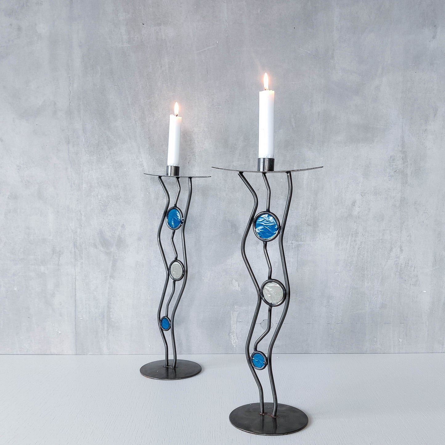 Pair of vintage hand forged steel cast glass postmodern style wavy candle holders