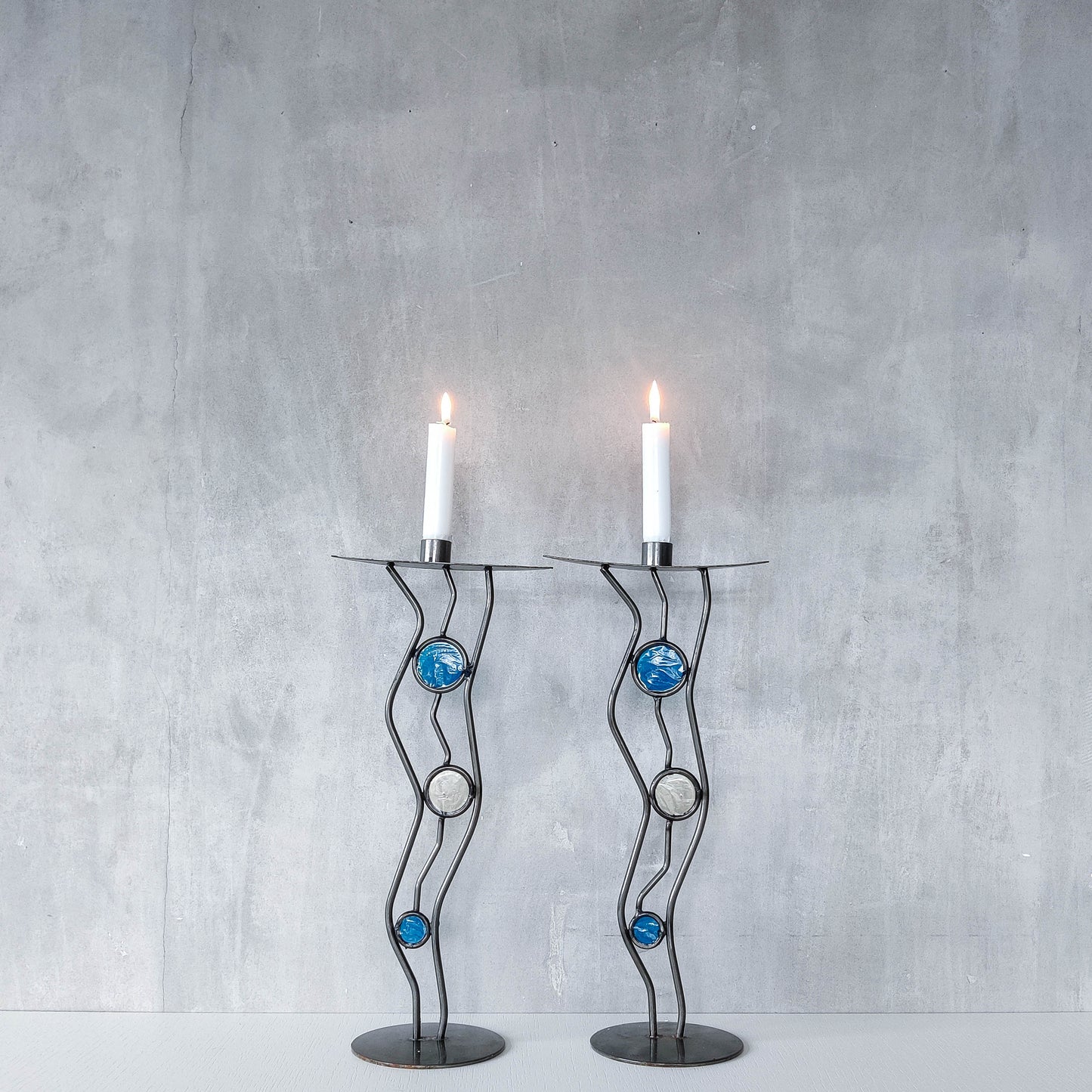 Pair of vintage hand forged steel cast glass postmodern style wavy candle holders