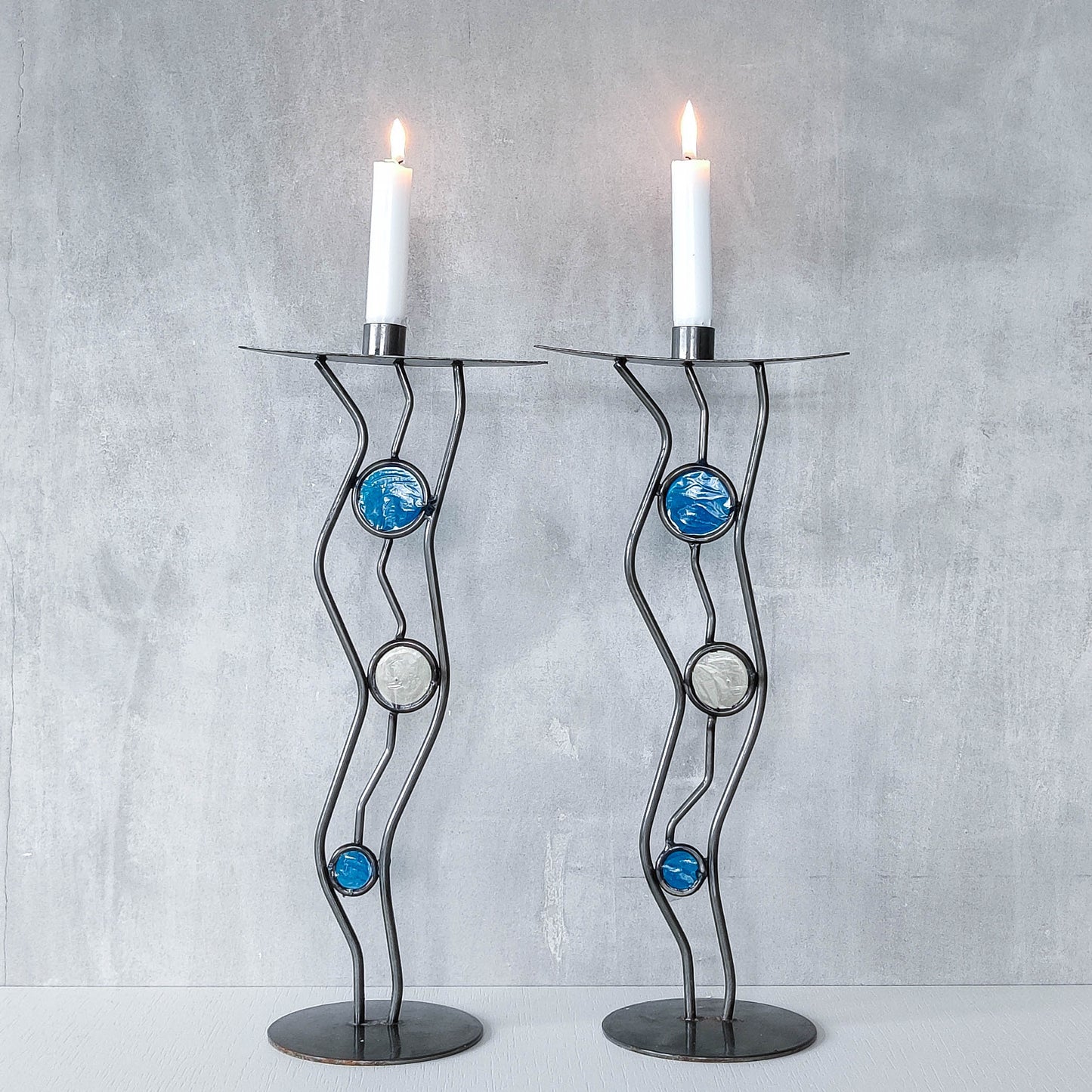 Pair of vintage hand forged steel cast glass postmodern style wavy candle holders