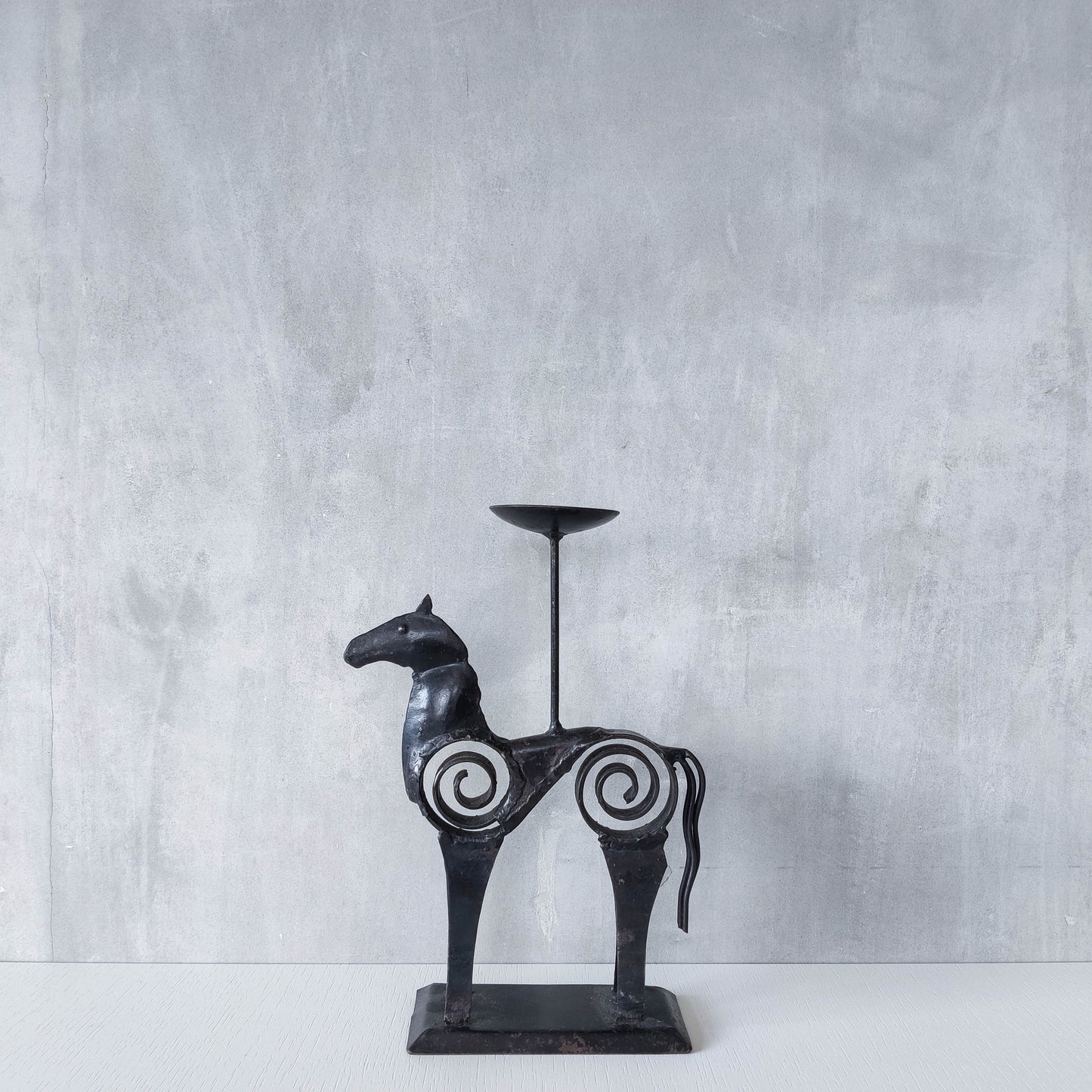 Hand forged steel vintage brutalist style welded horse candle holder