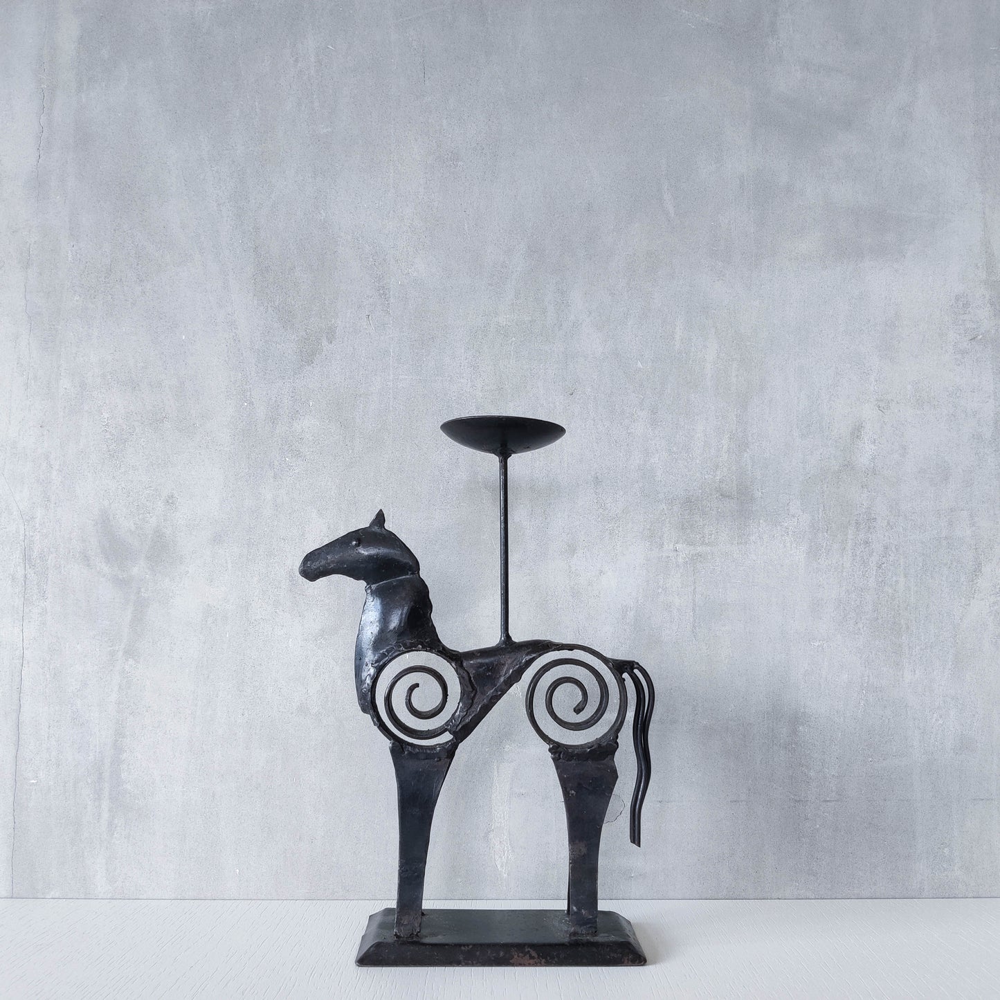 Hand forged steel vintage brutalist style welded horse candle holder