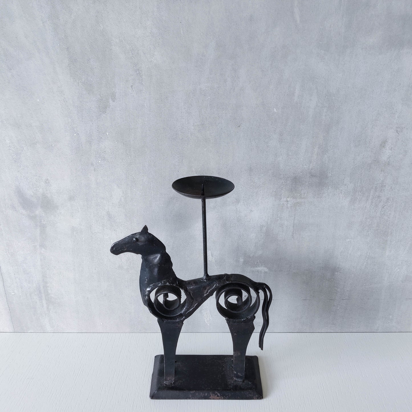 Hand forged steel vintage brutalist style welded horse candle holder