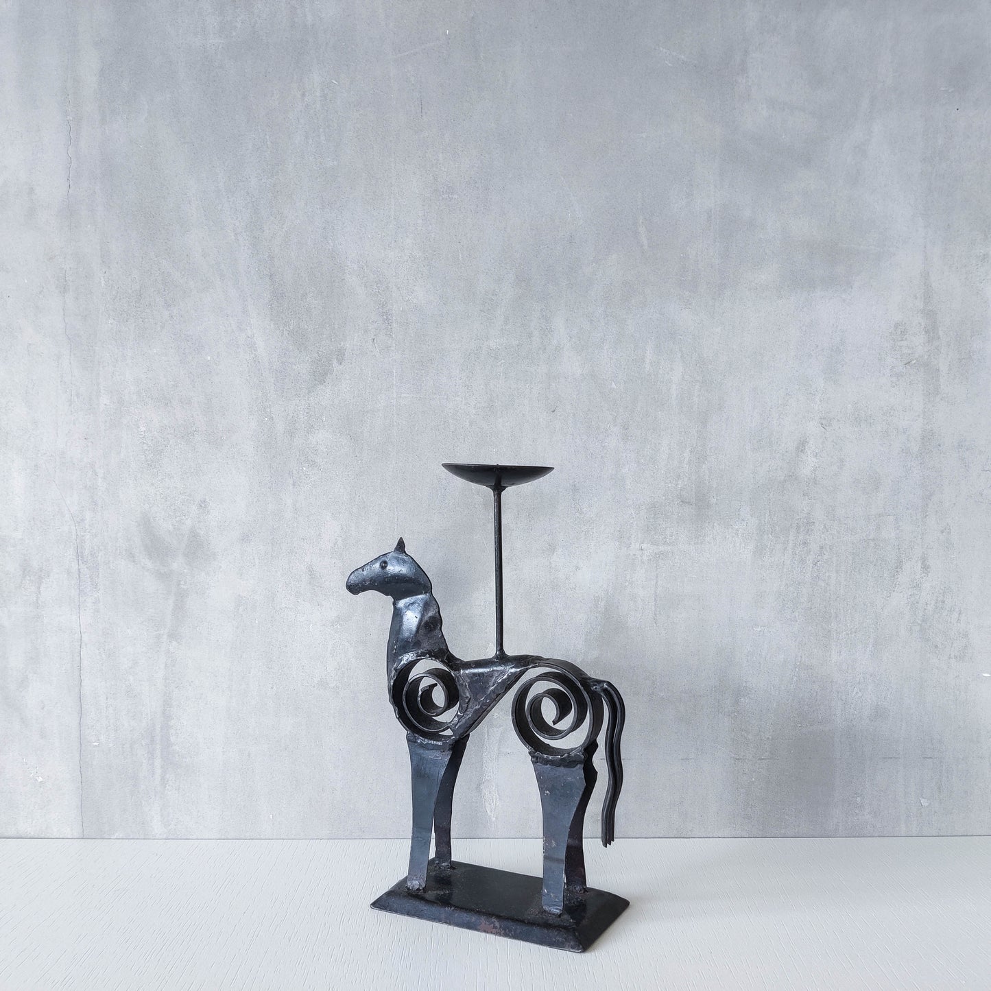 Hand forged steel vintage brutalist style welded horse candle holder