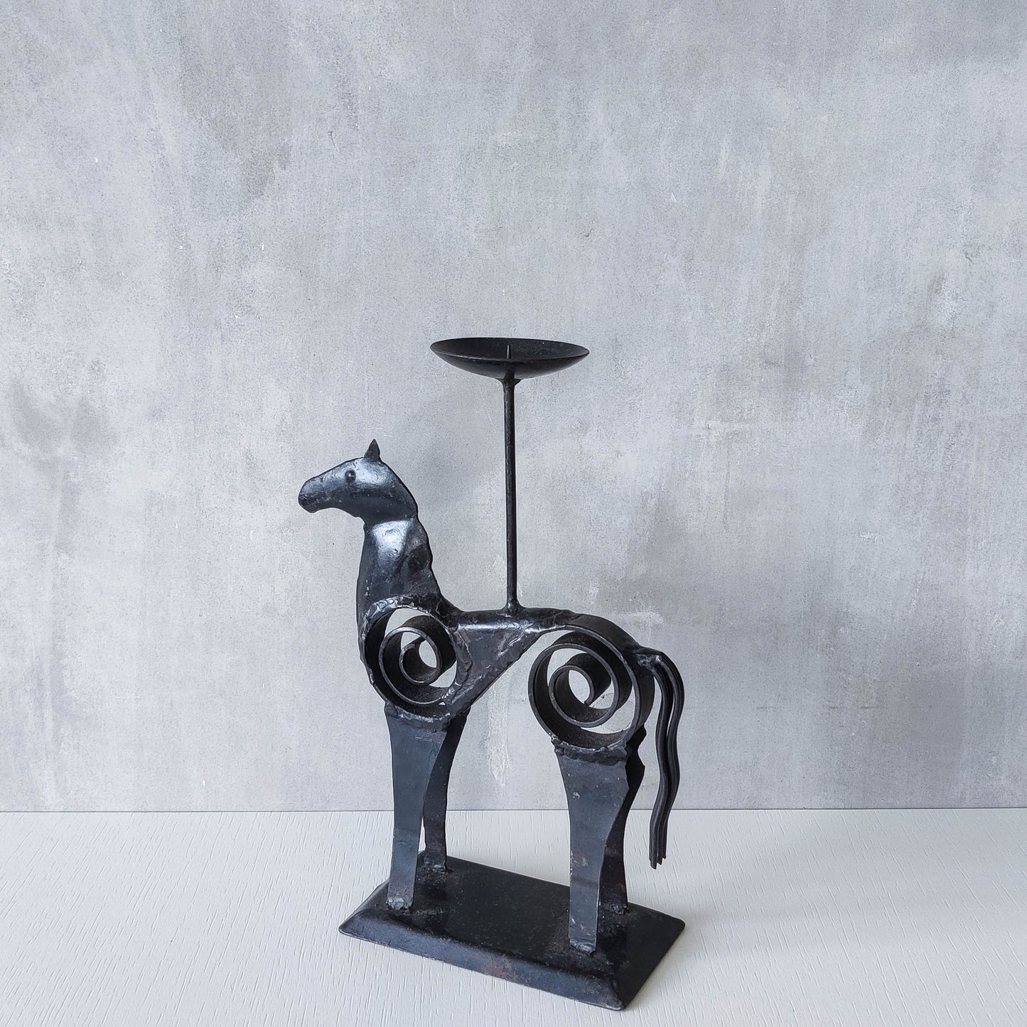 Hand forged steel vintage brutalist style welded horse candle holder