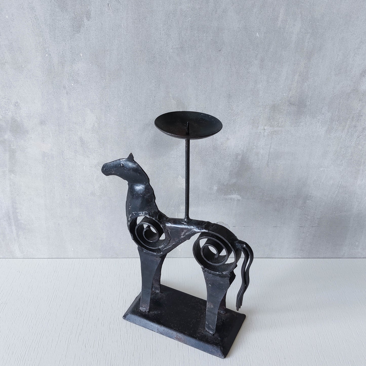 Hand forged steel vintage brutalist style welded horse candle holder