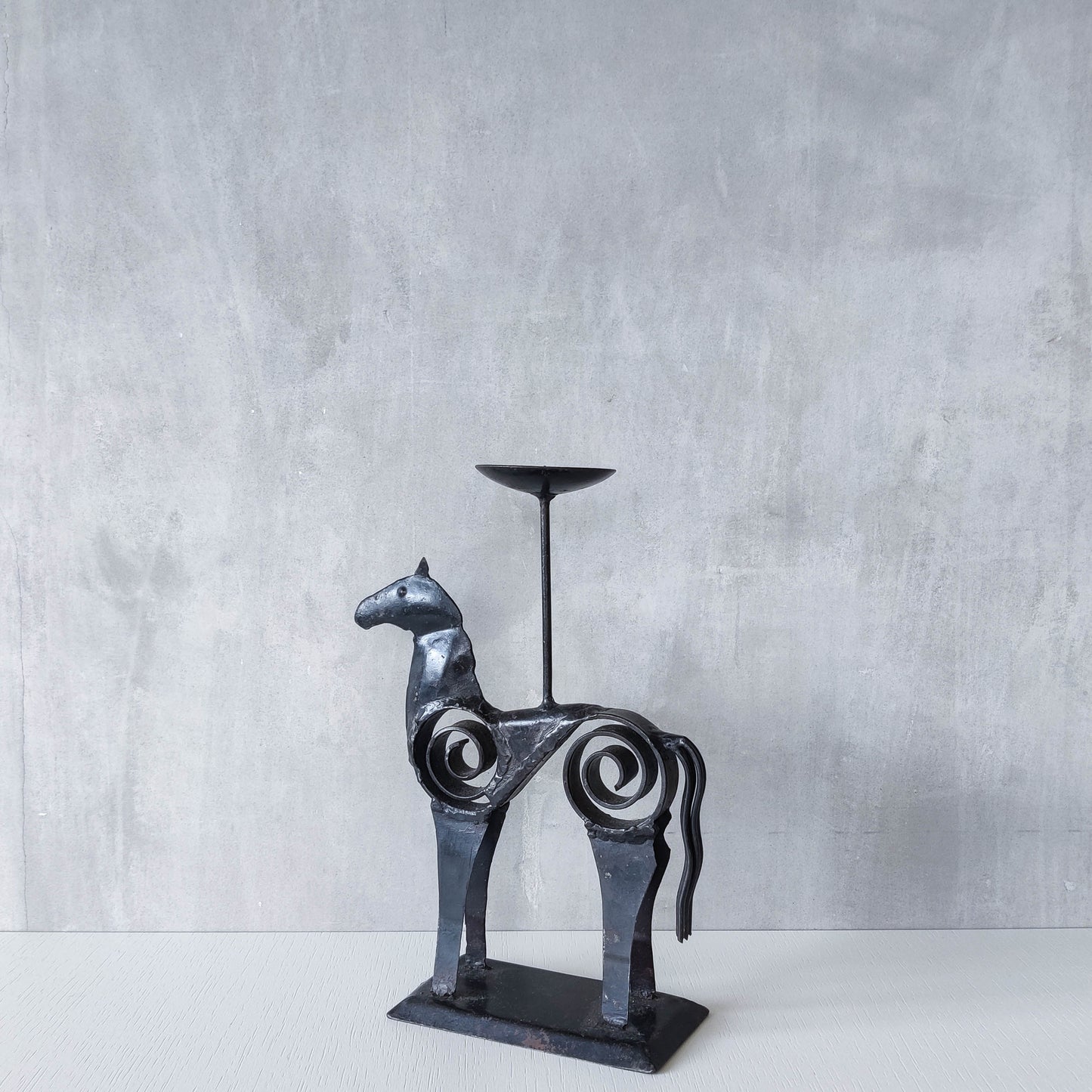 Hand forged steel vintage brutalist style welded horse candle holder