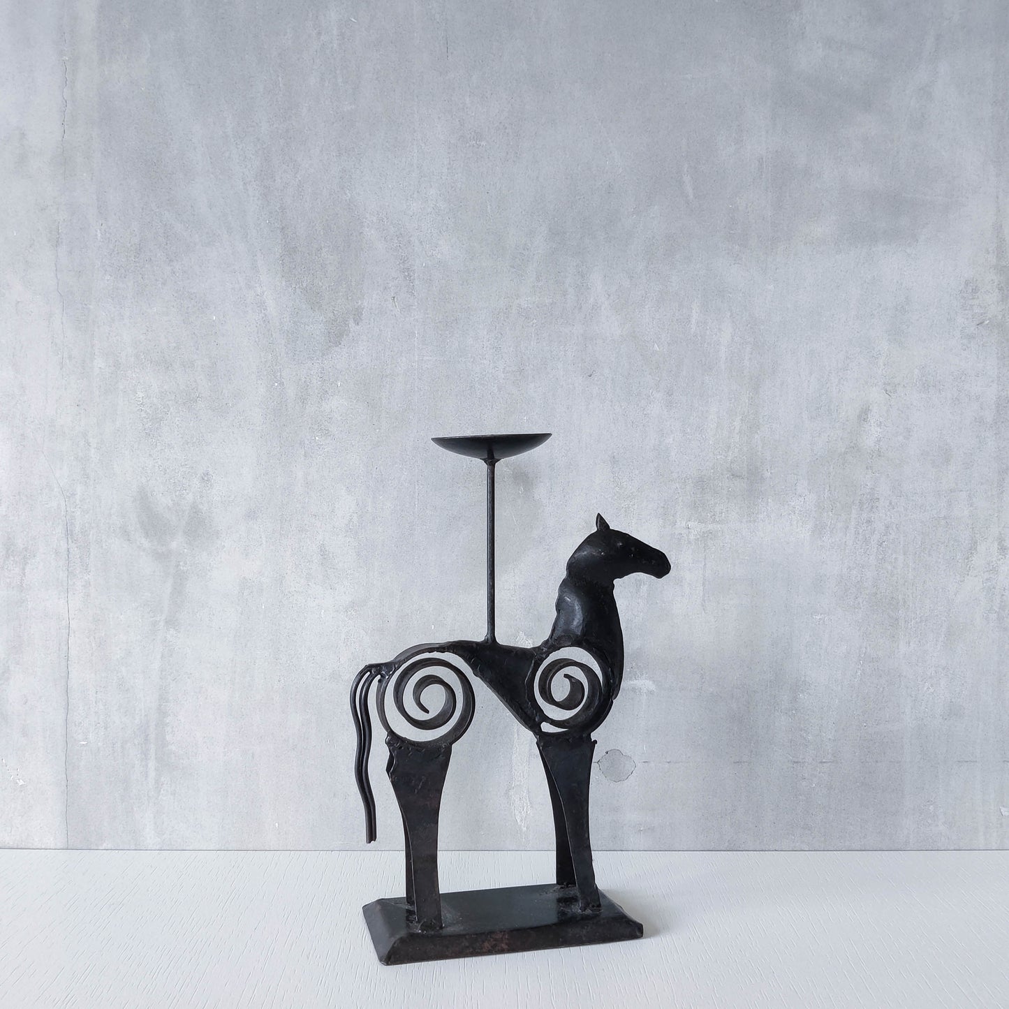Hand forged steel vintage brutalist style welded horse candle holder