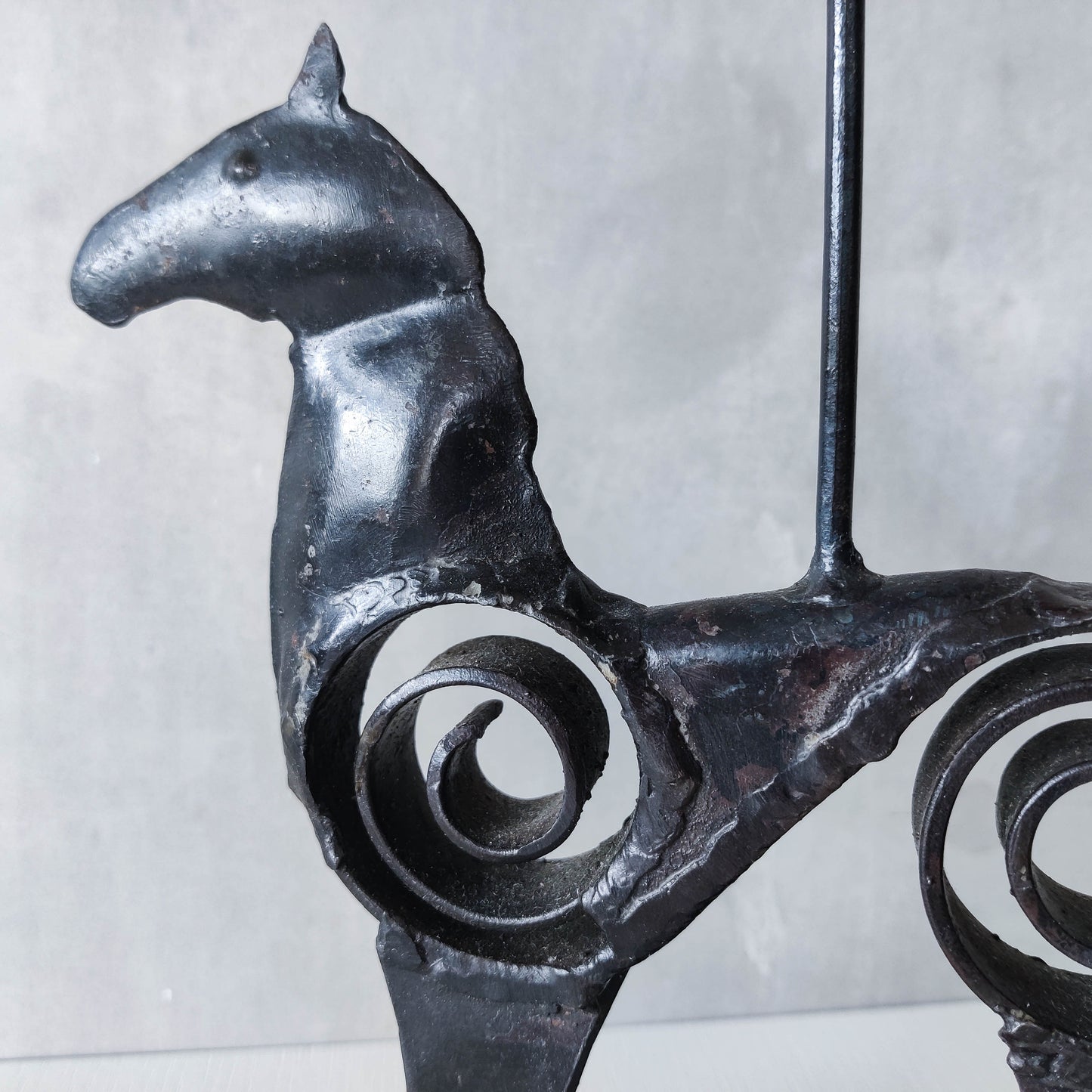 Hand forged steel vintage brutalist style welded horse candle holder