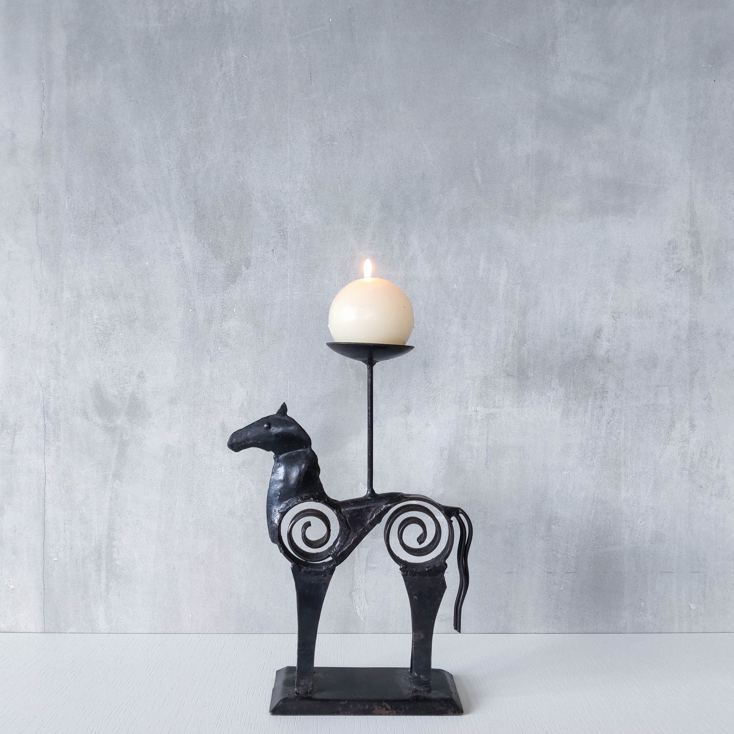 Hand forged steel vintage brutalist style welded horse candle holder