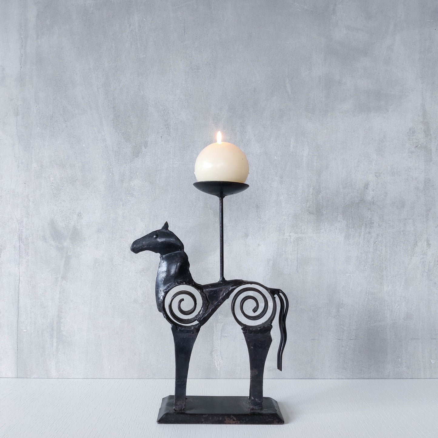 Hand forged steel vintage brutalist style welded horse candle holder