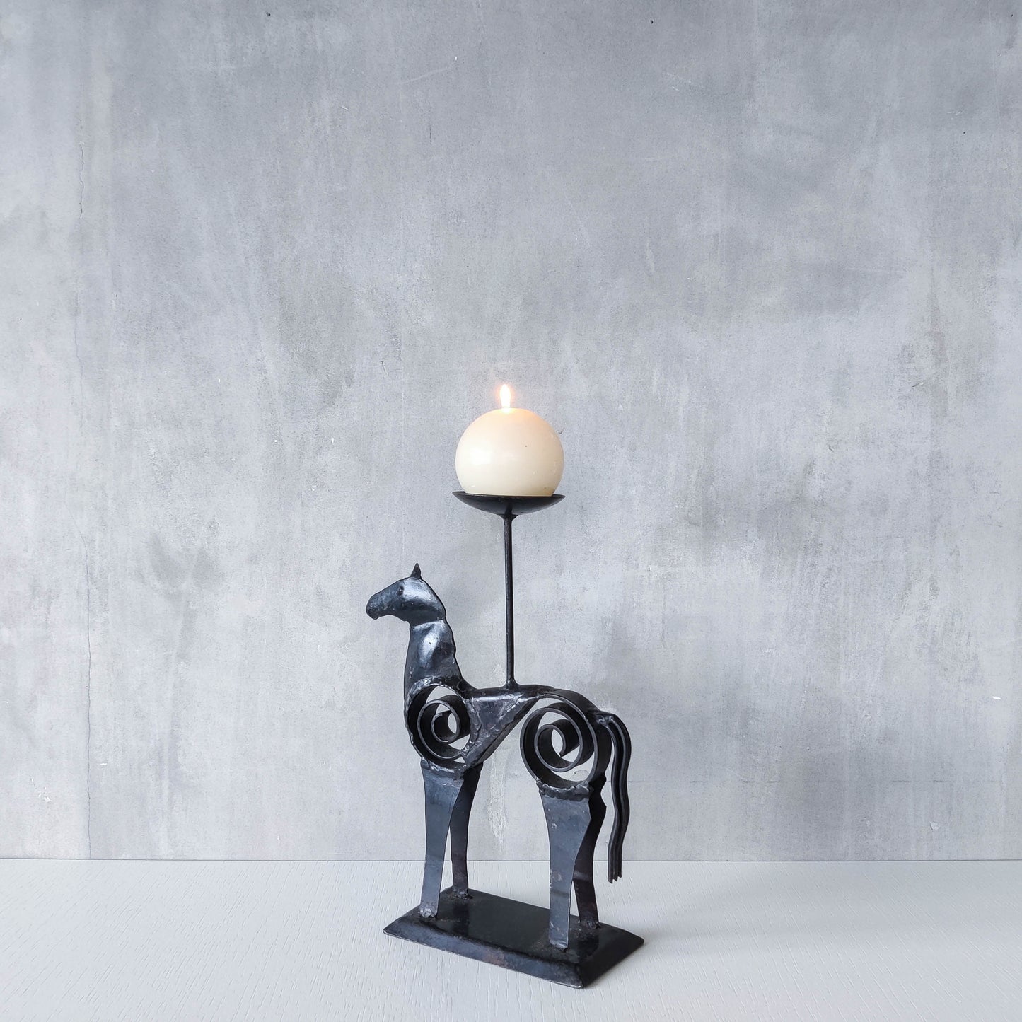 Hand forged steel vintage brutalist style welded horse candle holder