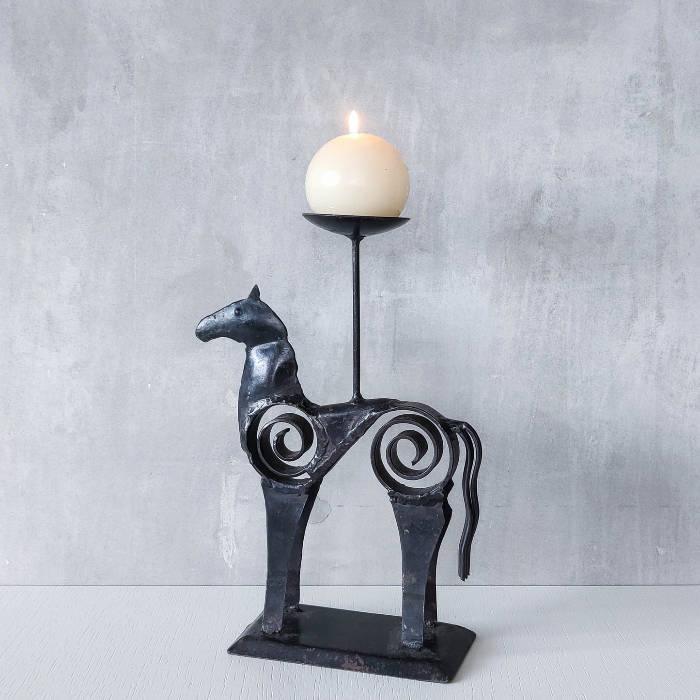 Hand forged steel vintage brutalist style welded horse candle holder