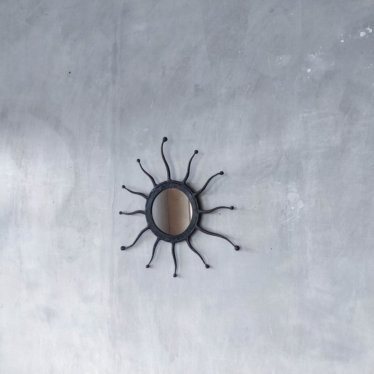 Vintage 1990s hand made artisan metal work wrought iron sun burst mirror