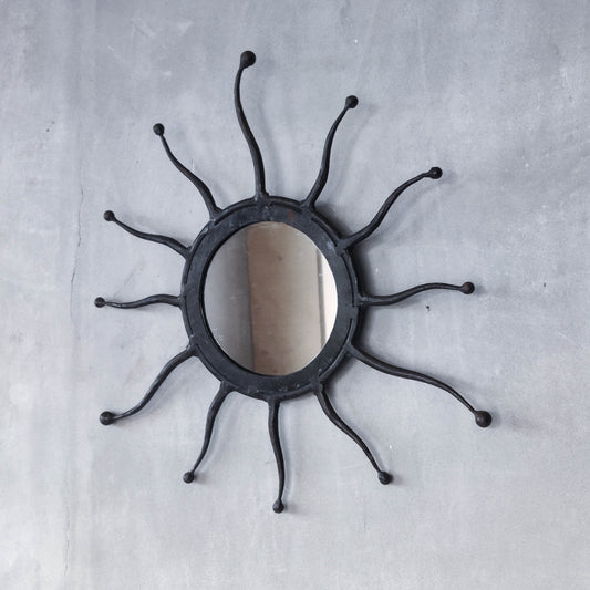 Vintage 1990s hand made artisan metal work wrought iron sun burst mirror