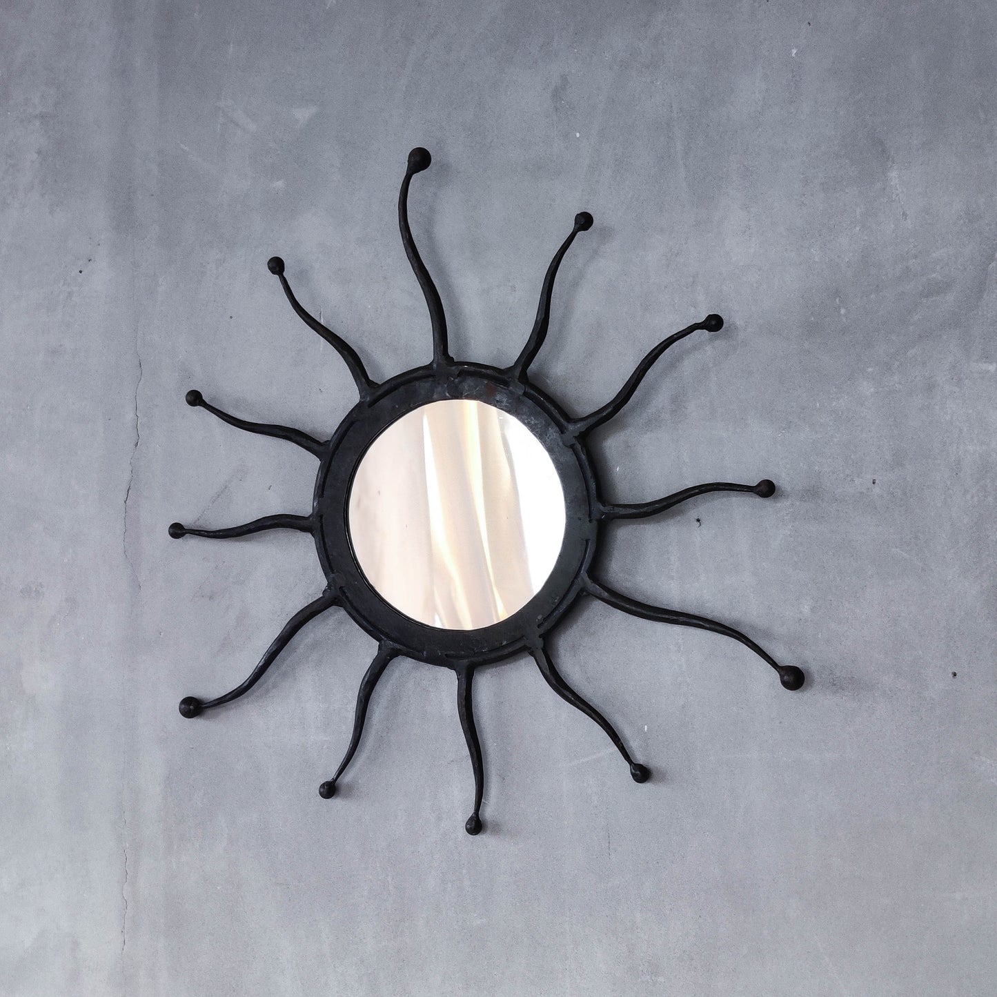 Vintage 1990s hand made artisan metal work wrought iron sun burst mirror