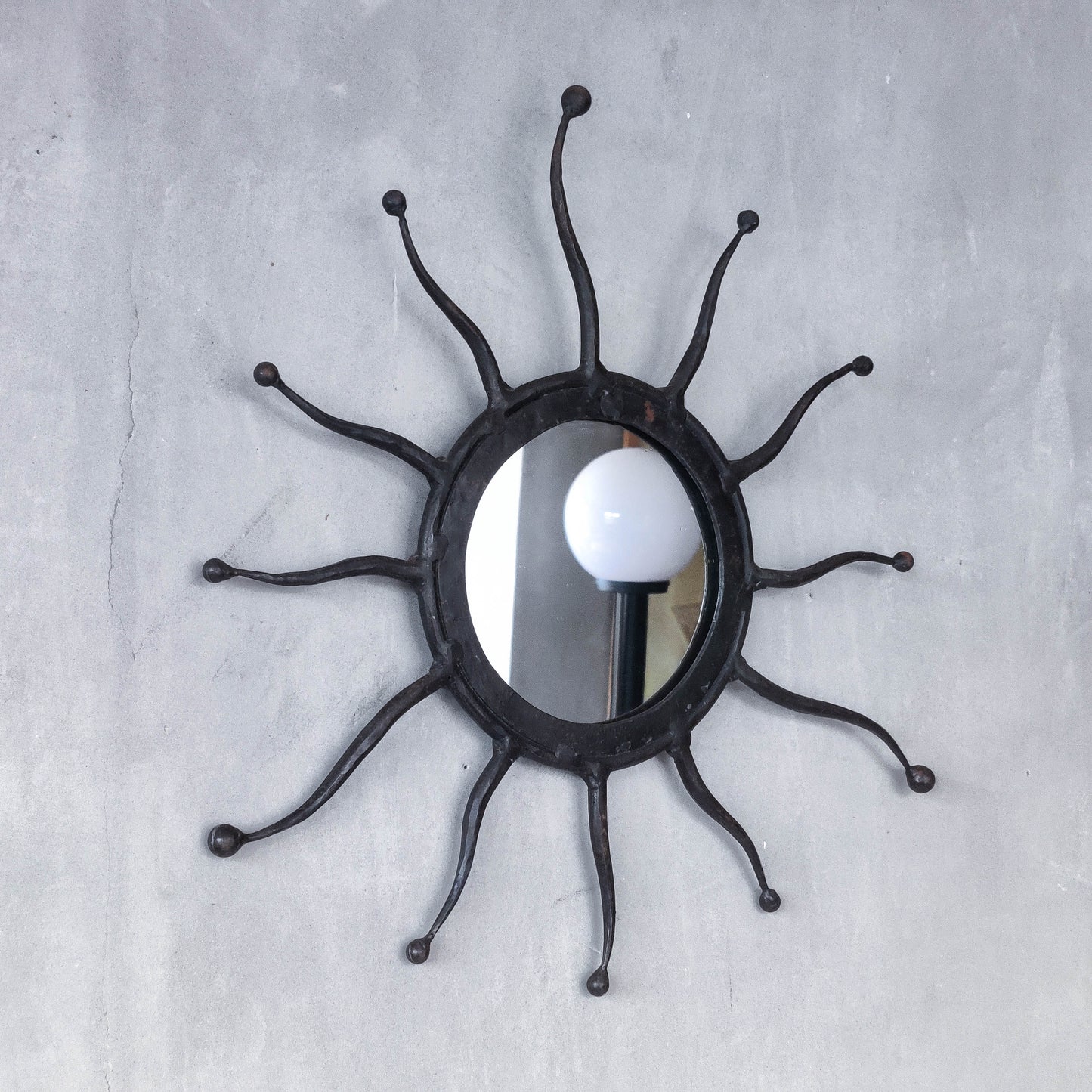 Vintage 1990s hand made artisan metal work wrought iron sun burst mirror