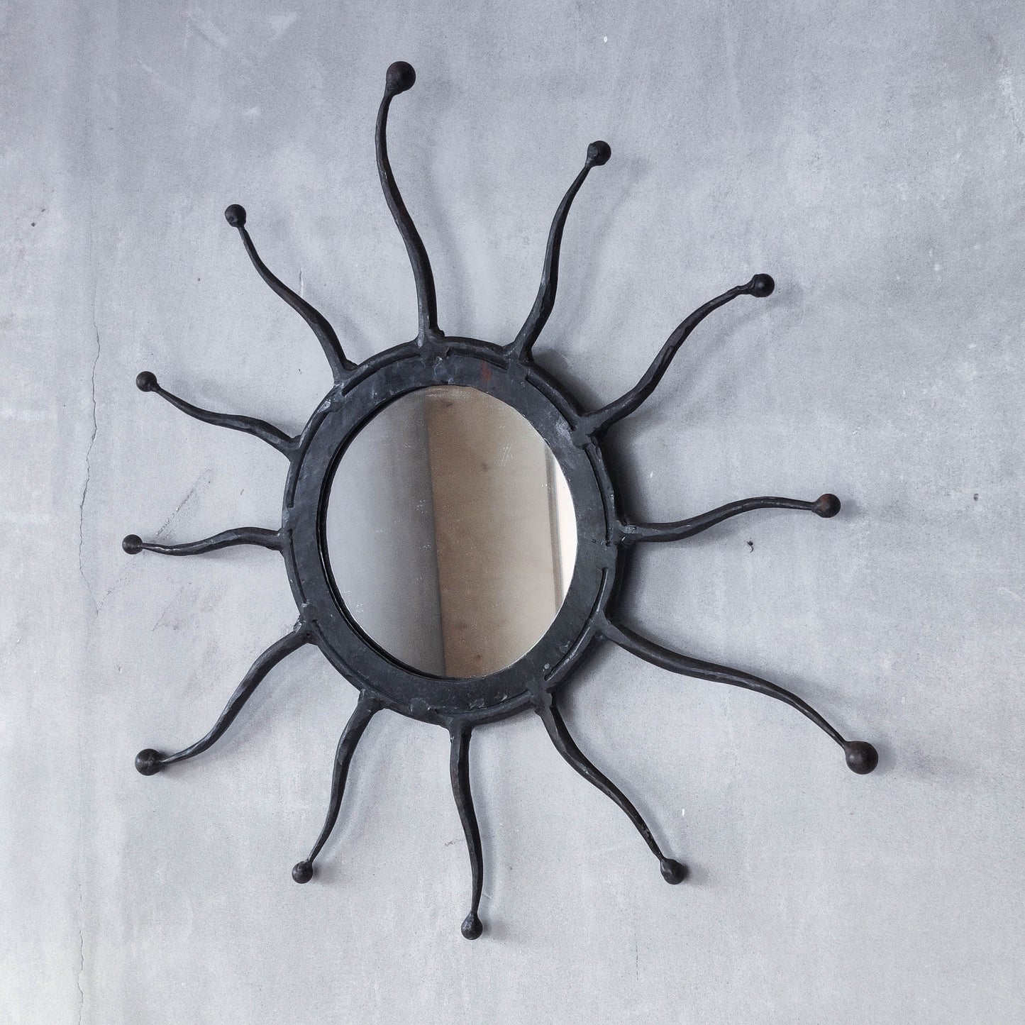 Vintage 1990s hand made artisan metal work wrought iron sun burst mirror