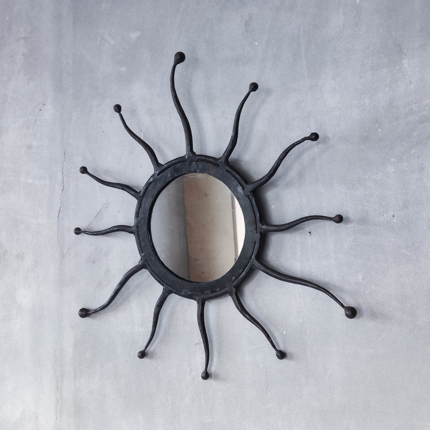 Vintage 1990s hand made artisan metal work wrought iron sun burst mirror