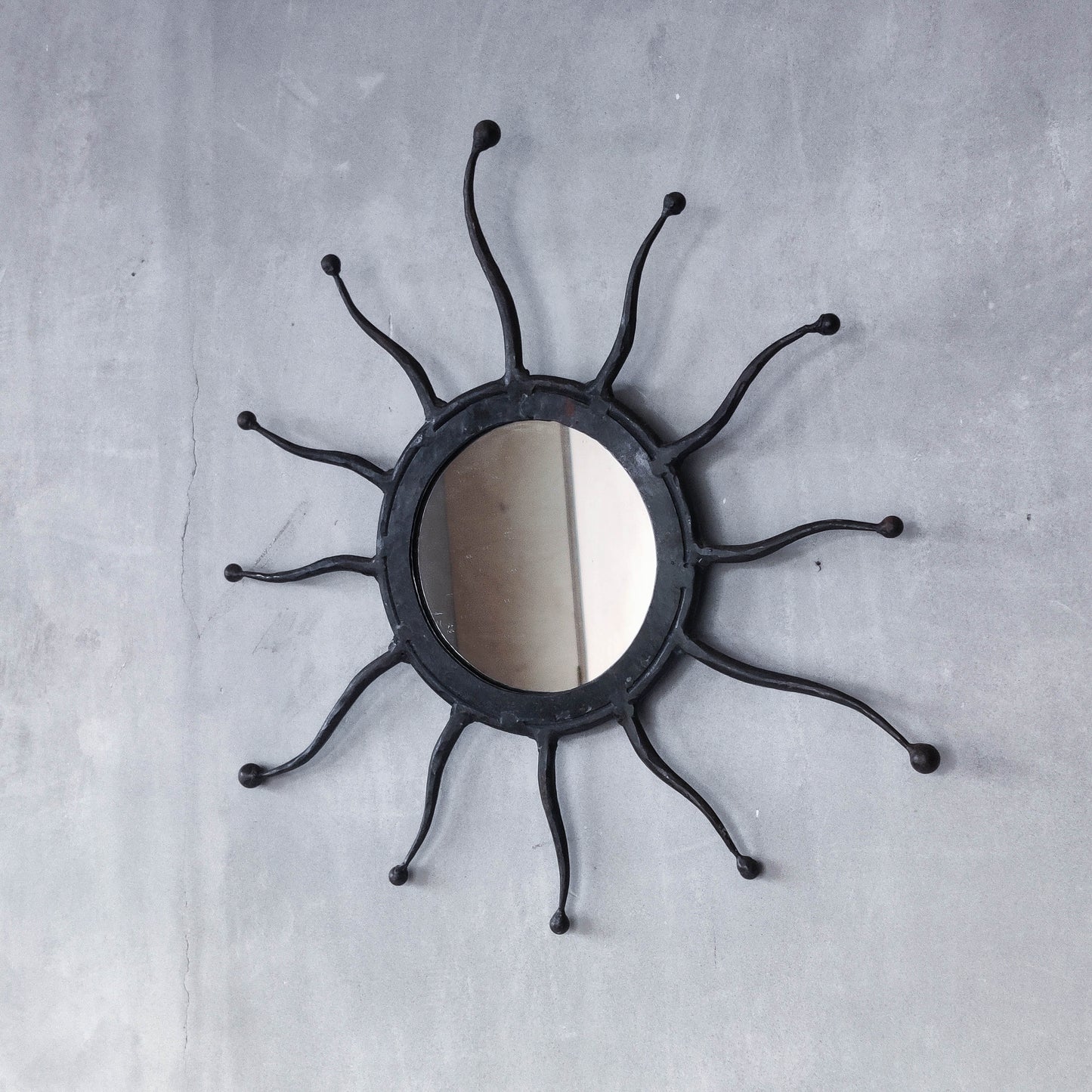 Vintage 1990s hand made artisan metal work wrought iron sun burst mirror