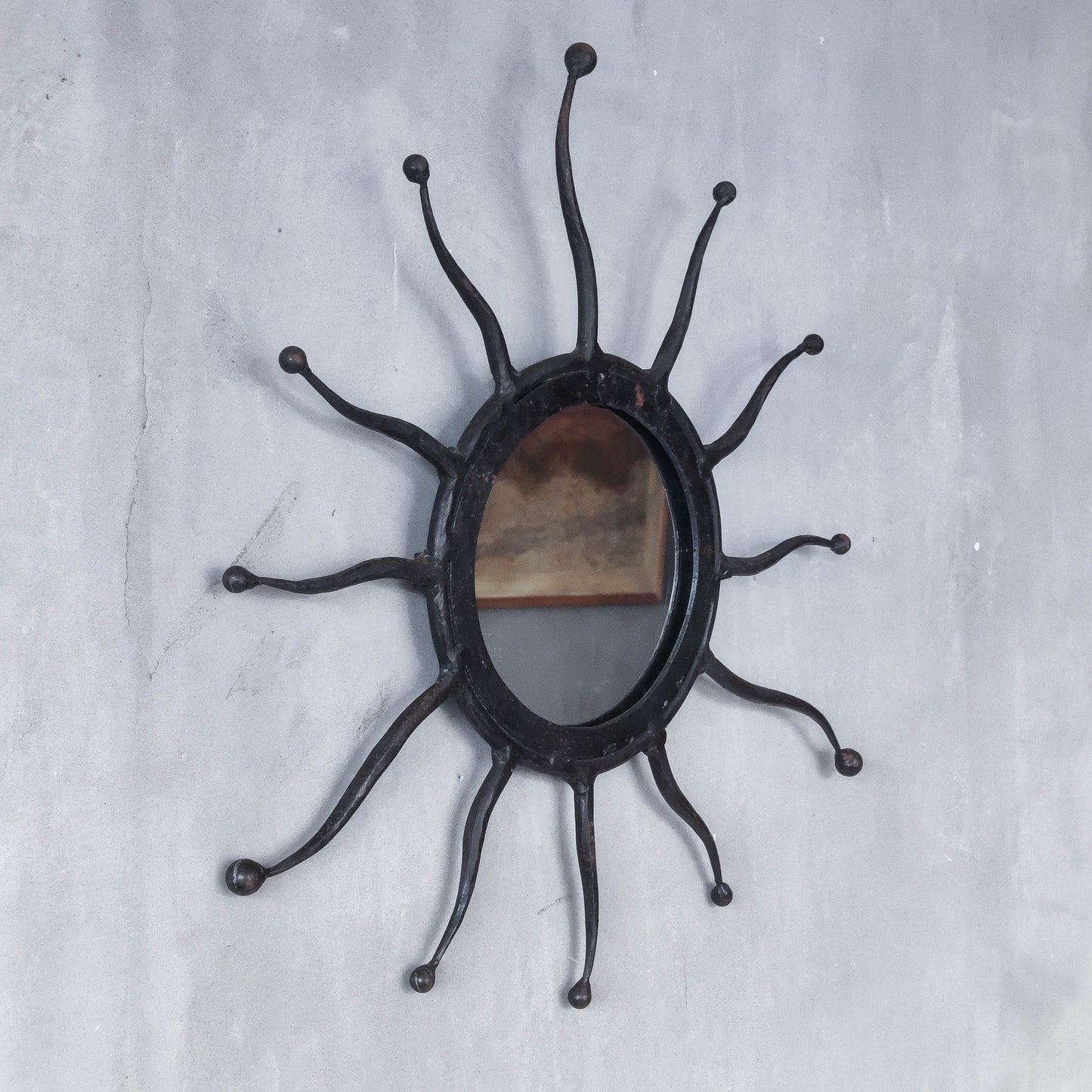 Vintage 1990s hand made artisan metal work wrought iron sun burst mirror