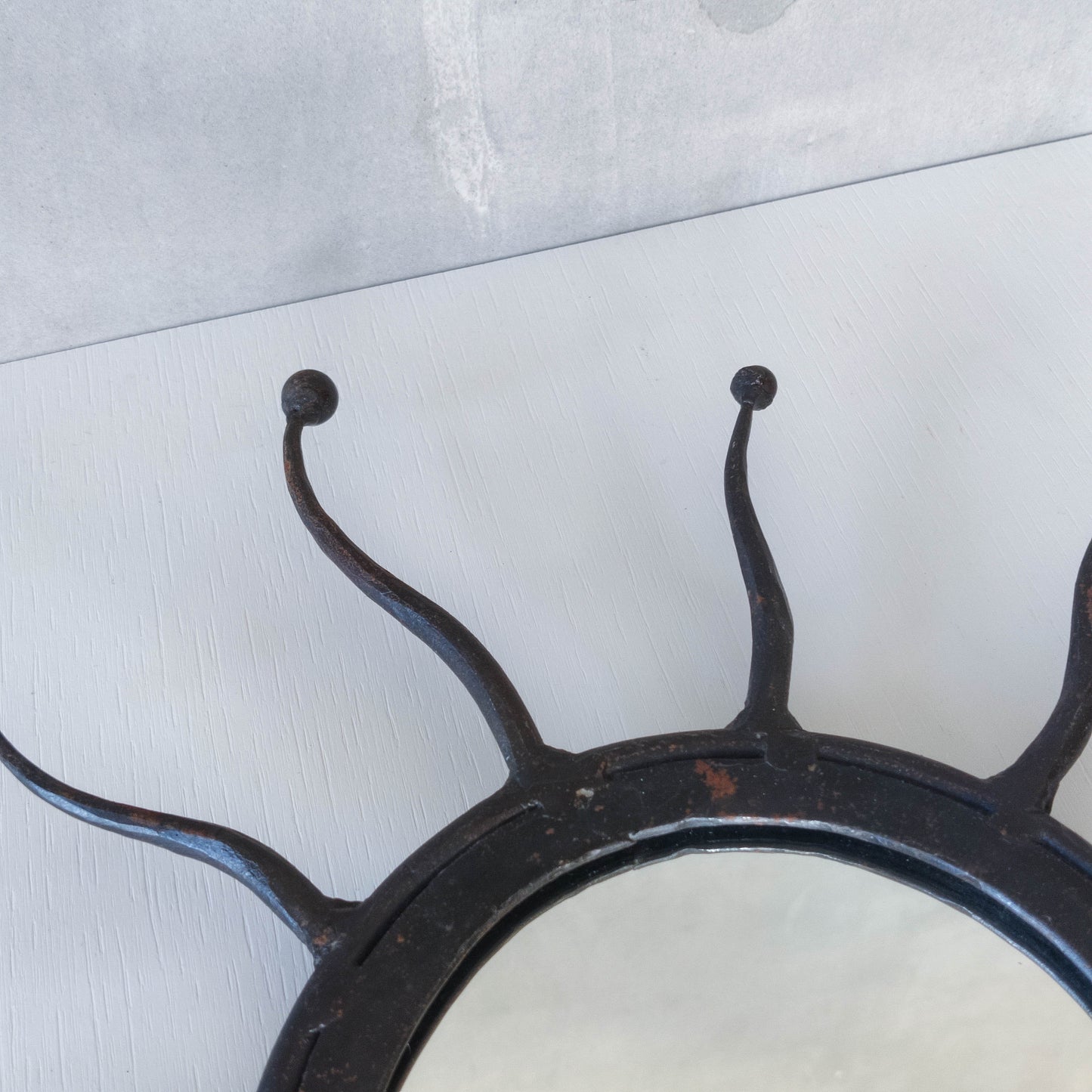 Vintage 1990s hand made artisan metal work wrought iron sun burst mirror