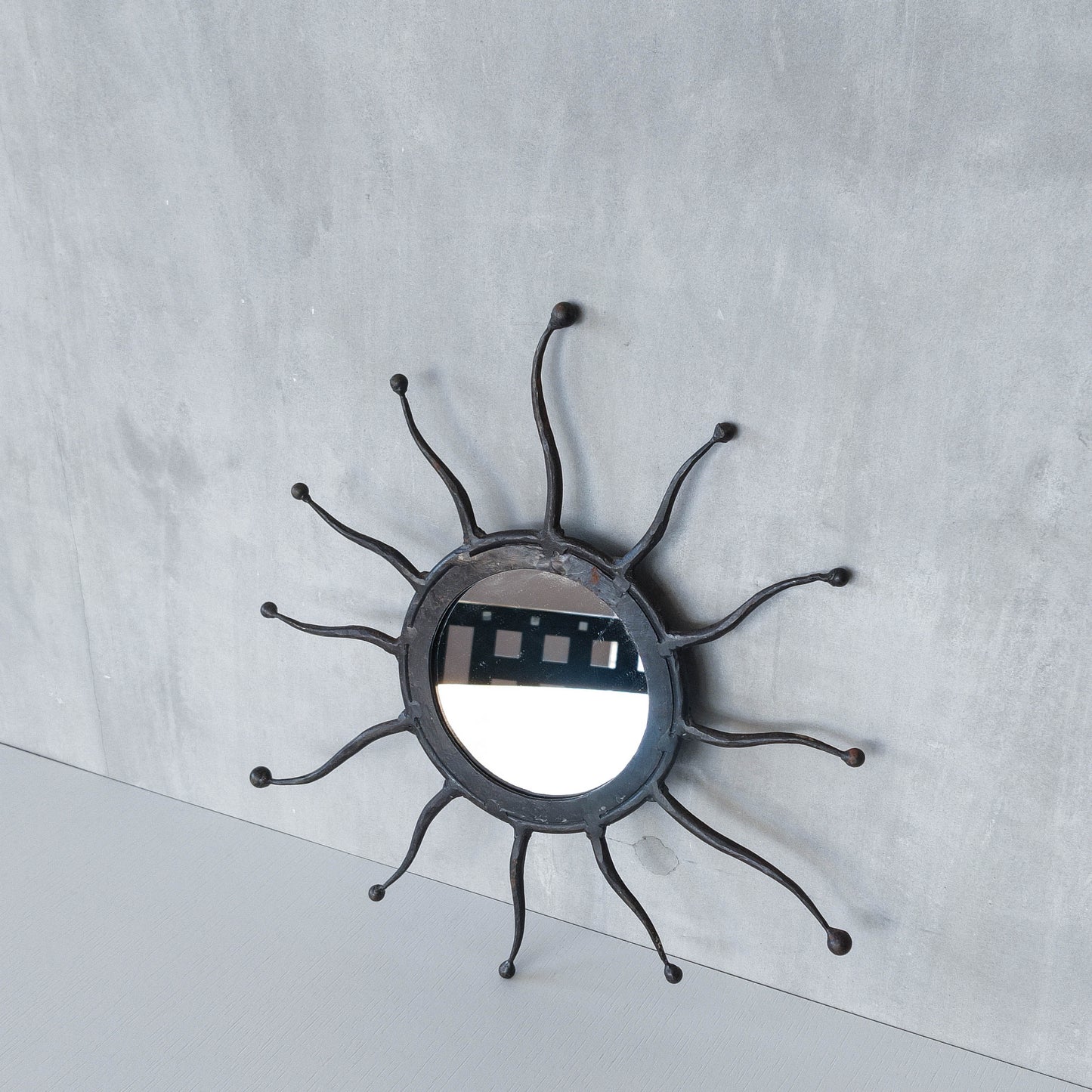 Vintage 1990s hand made artisan metal work wrought iron sun burst mirror