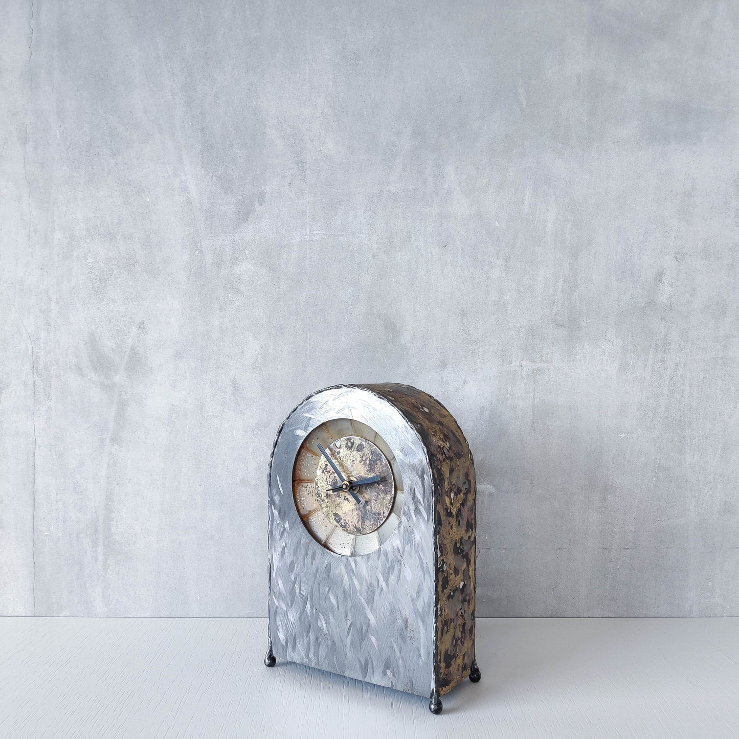 Artisan handmade metalwork sculptural welded burnished steel mantel clock