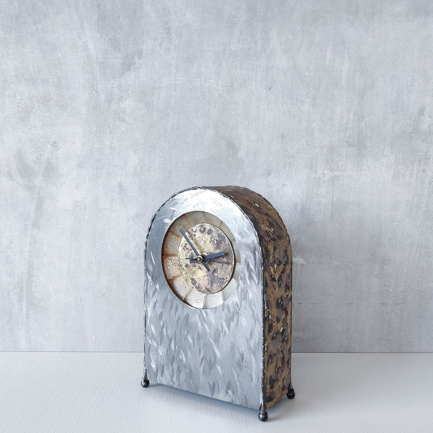 Artisan handmade metalwork sculptural welded burnished steel mantel clock