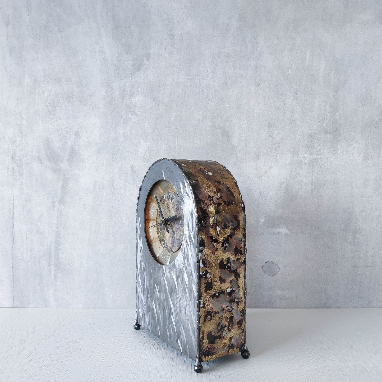 Artisan handmade metalwork sculptural welded burnished steel mantel clock