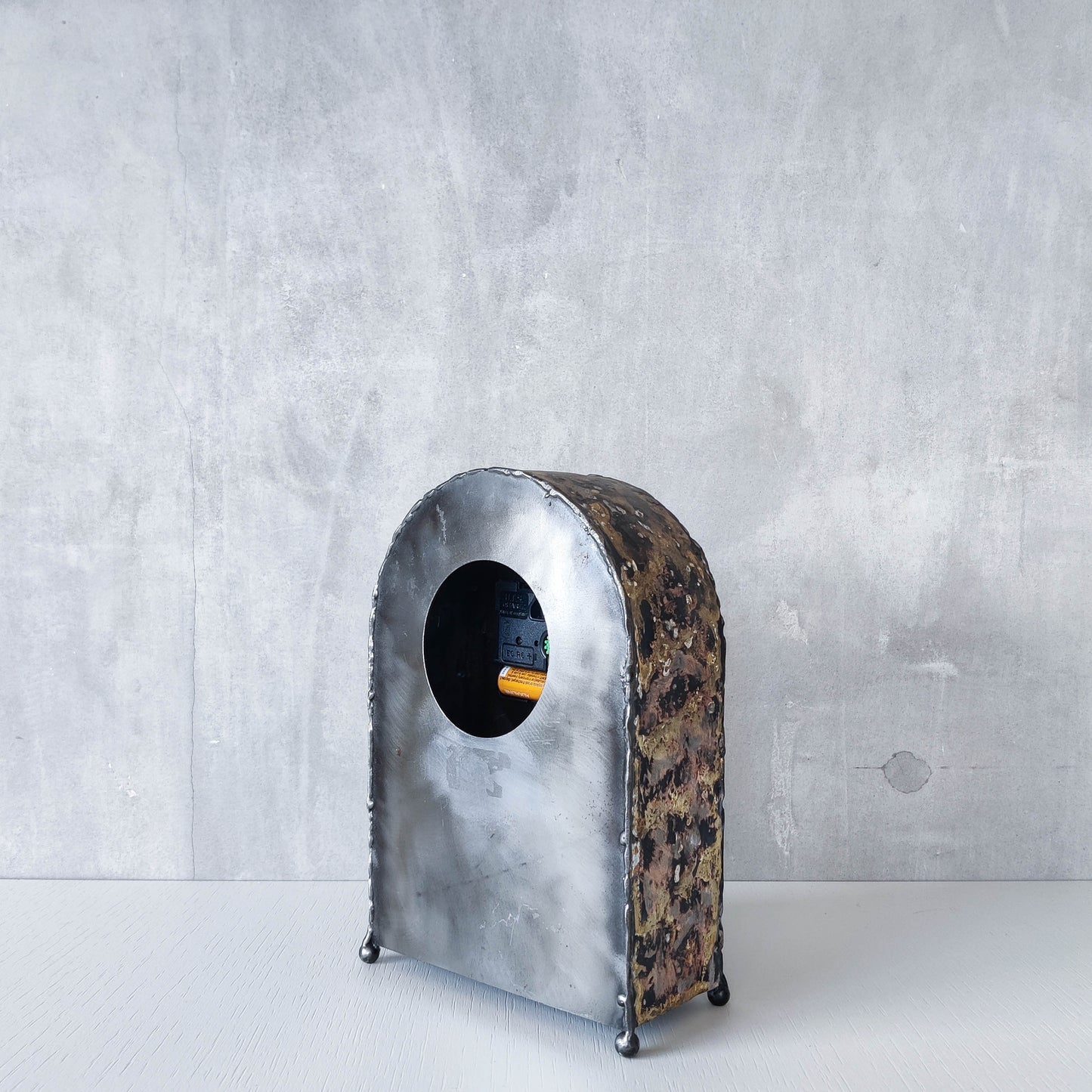 Artisan handmade metalwork sculptural welded burnished steel mantel clock