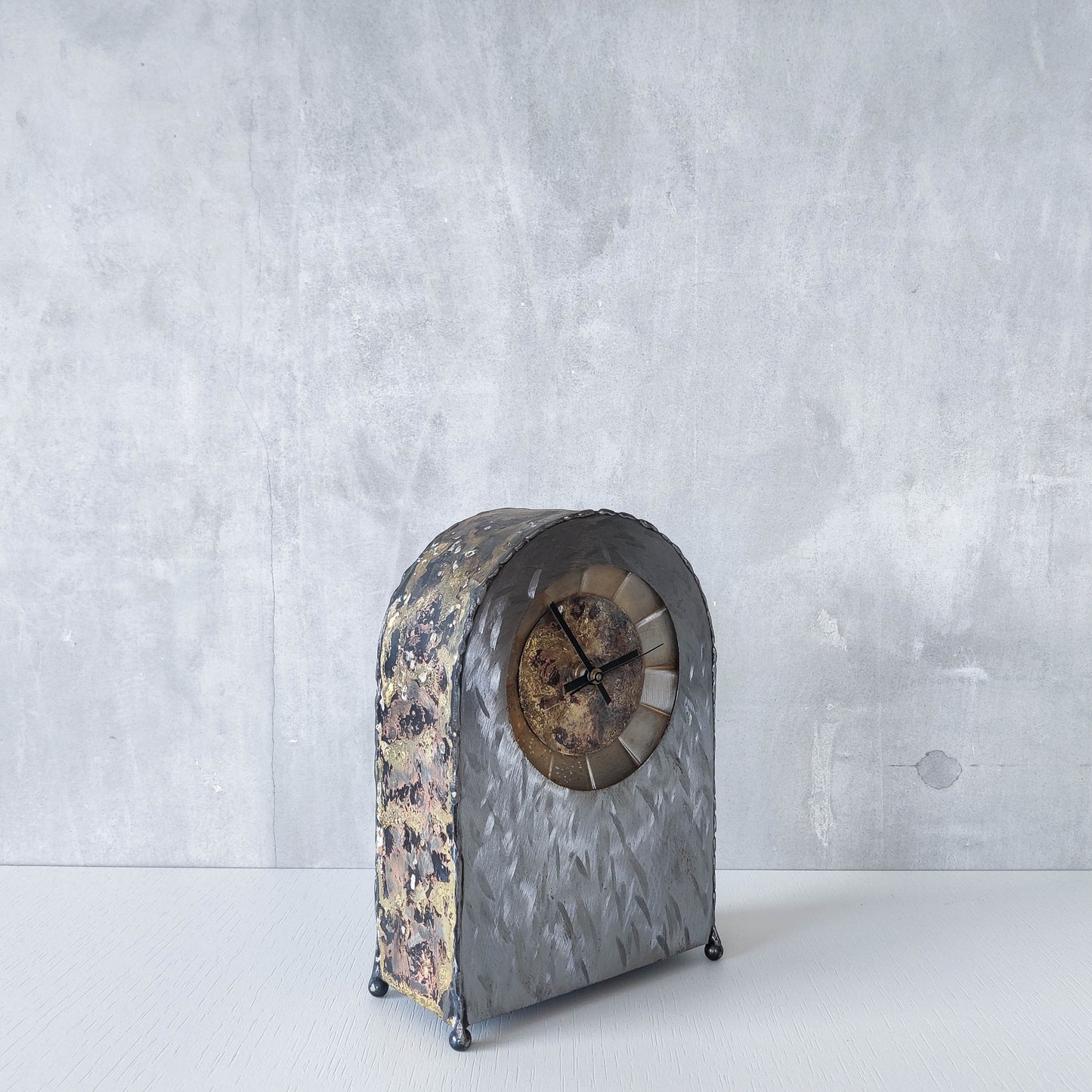 Artisan handmade metalwork sculptural welded burnished steel mantel clock