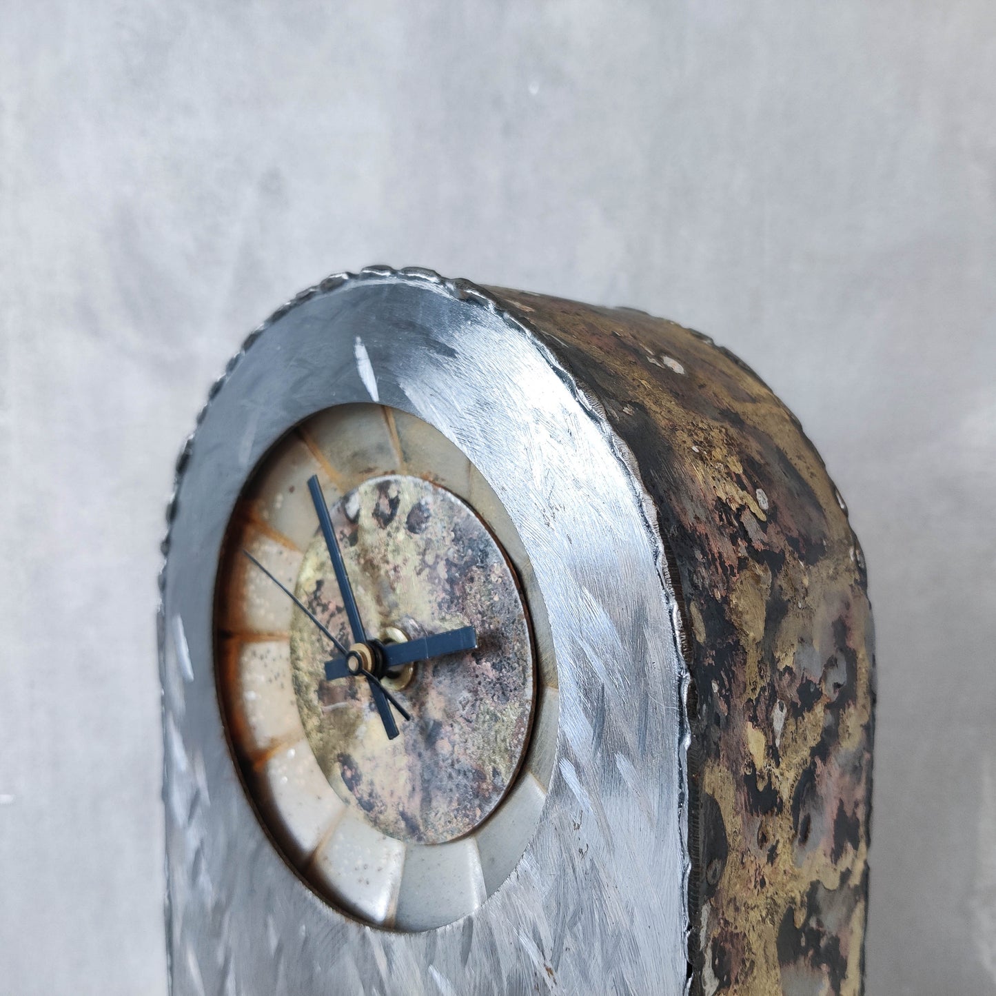 Artisan handmade metalwork sculptural welded burnished steel mantel clock