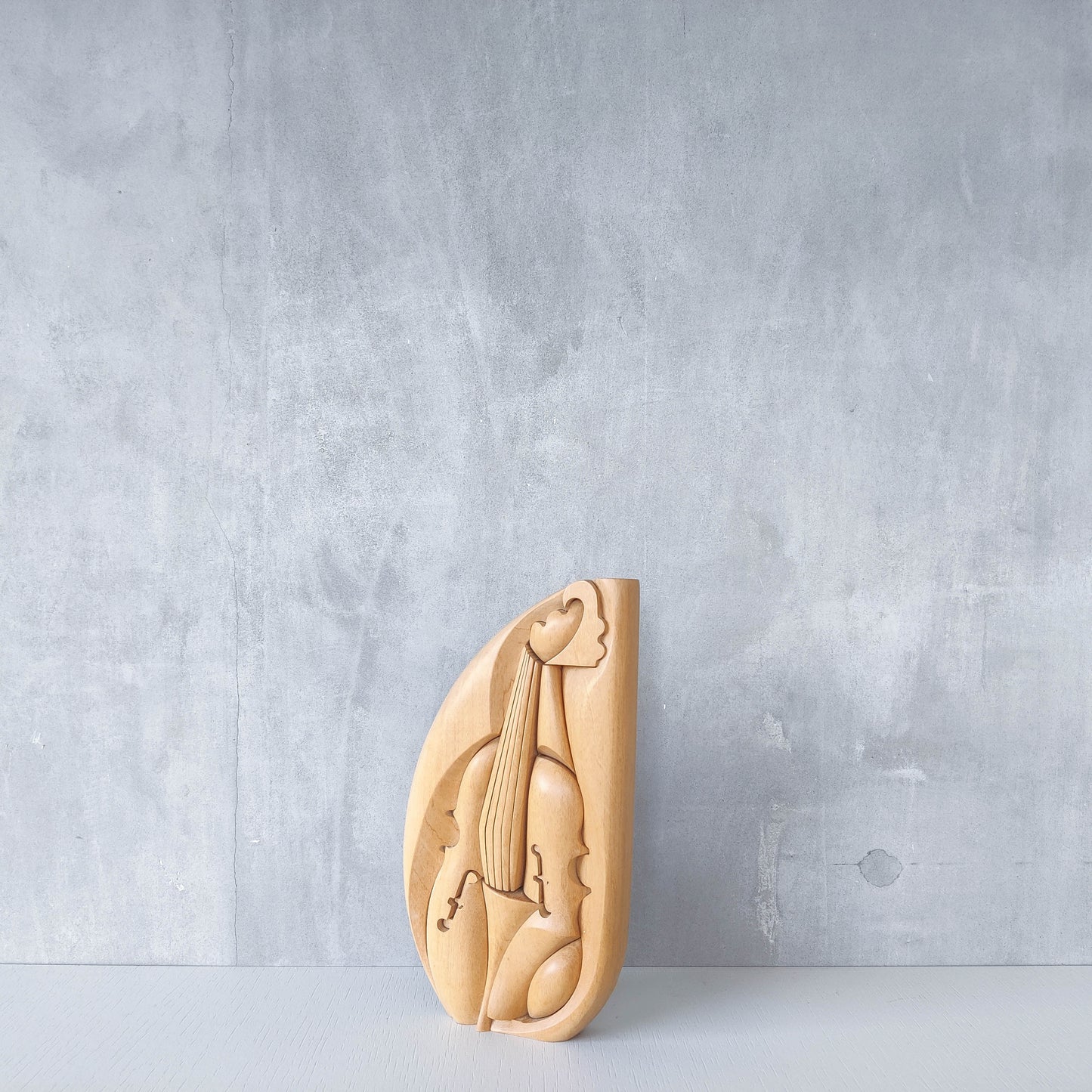 Vintage 00s cubist carved wood violin abstract artist sculpture by Roberto De Fortino